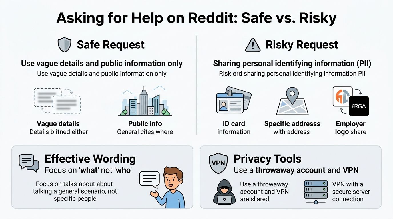 An infographic illustrating safe versus risky practices for sharing personal information when asking for help on Reddit.