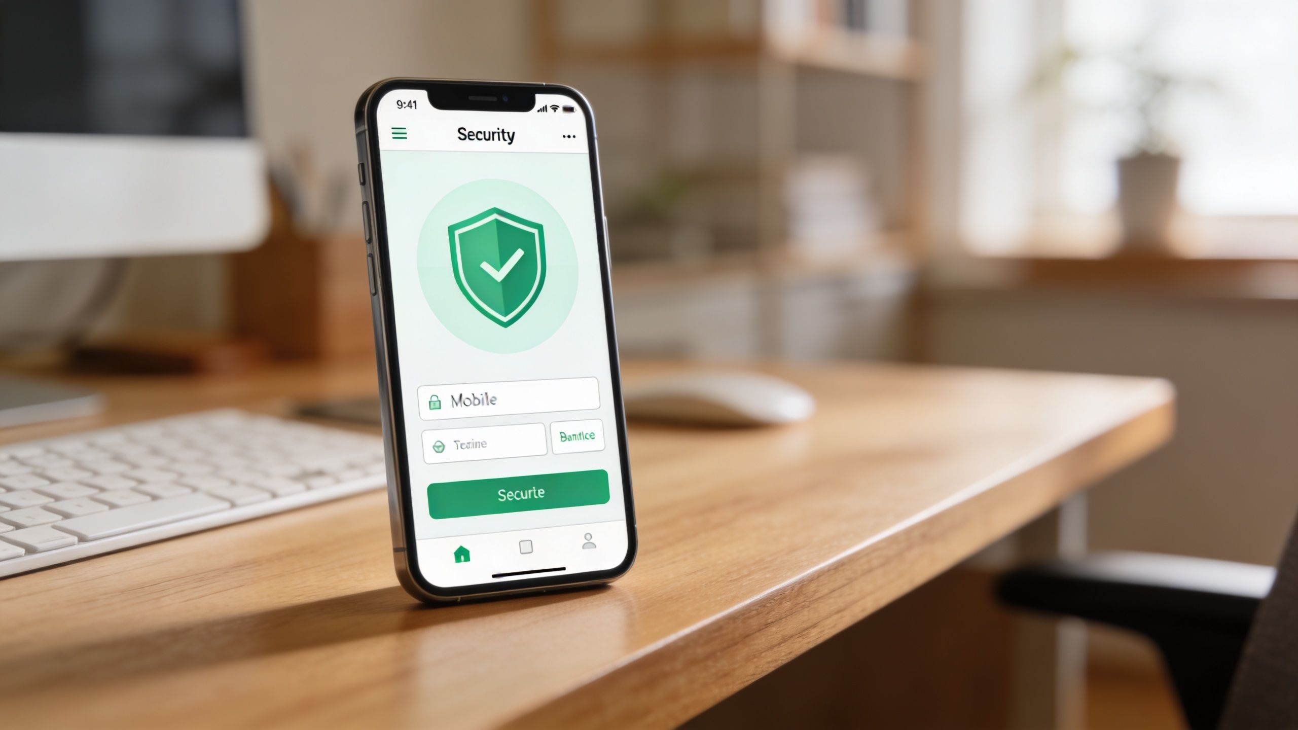 A smartphone on a desk showing a security app interface with a green shield icon displayed.