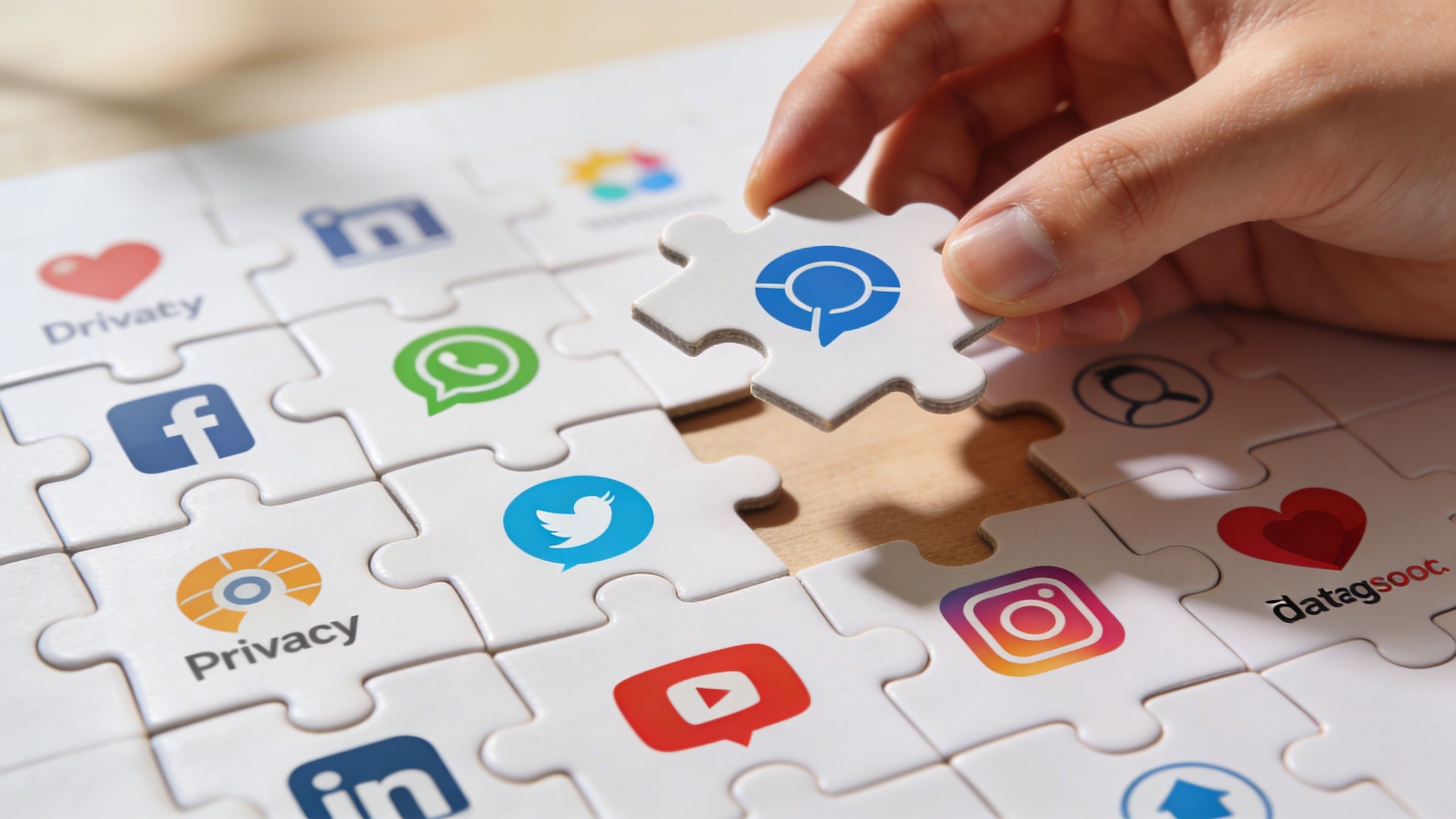 A hand placing a social media puzzle piece, representing digital identity, data privacy, and online account management.