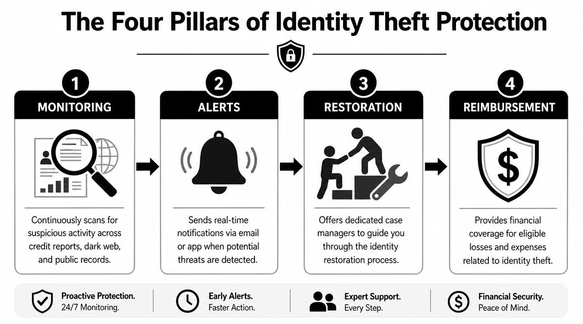 A diagram illustrating the four pillars of identity theft protection: monitoring, alerts, restoration, and reimbursement.