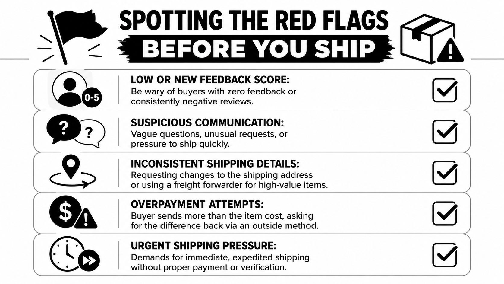 An infographic titled Spotting The Red Flags Before You Ship, listing five warnings for online sellers.