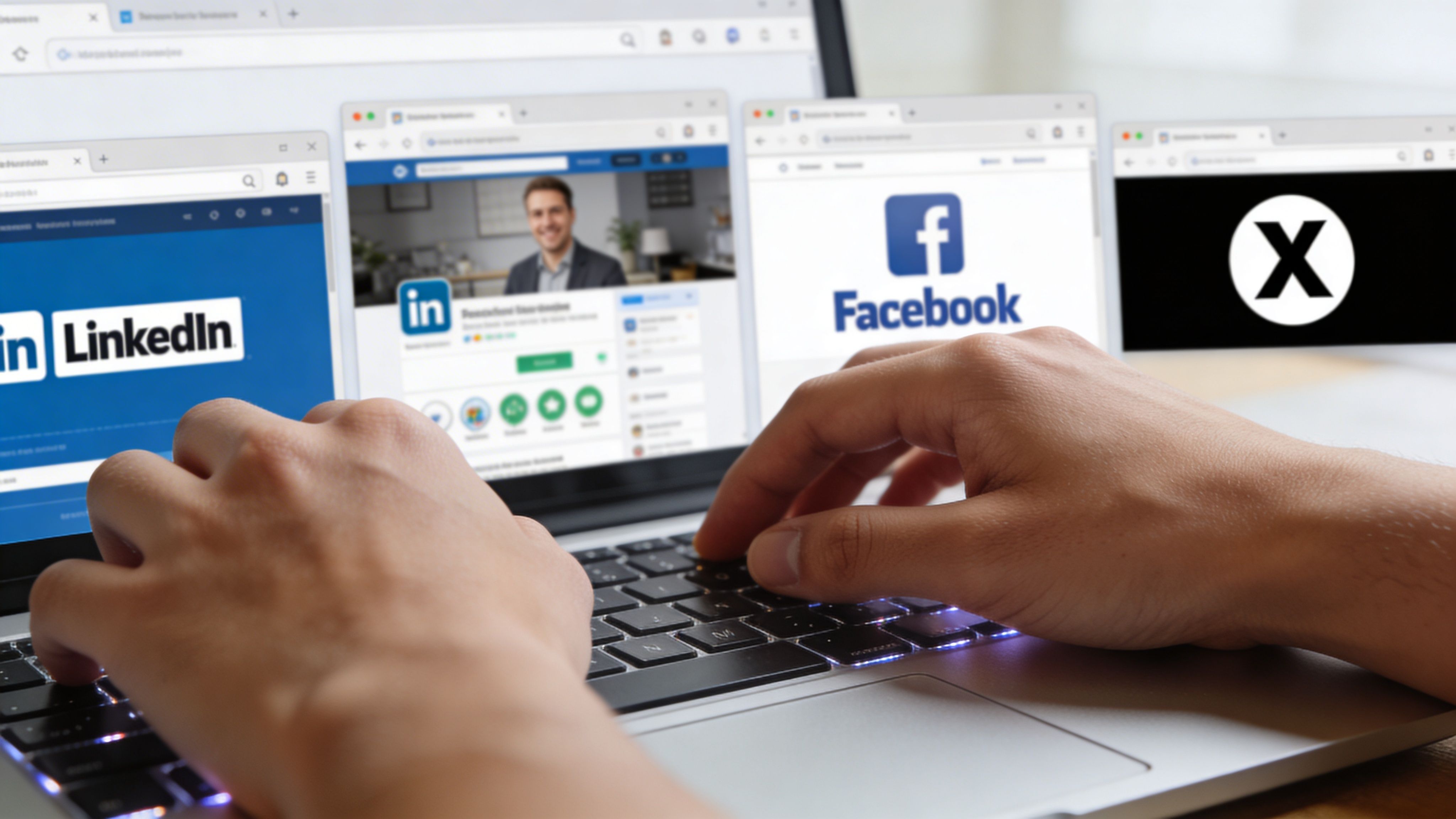 A person using a laptop with multiple social media browser windows open on the screen.