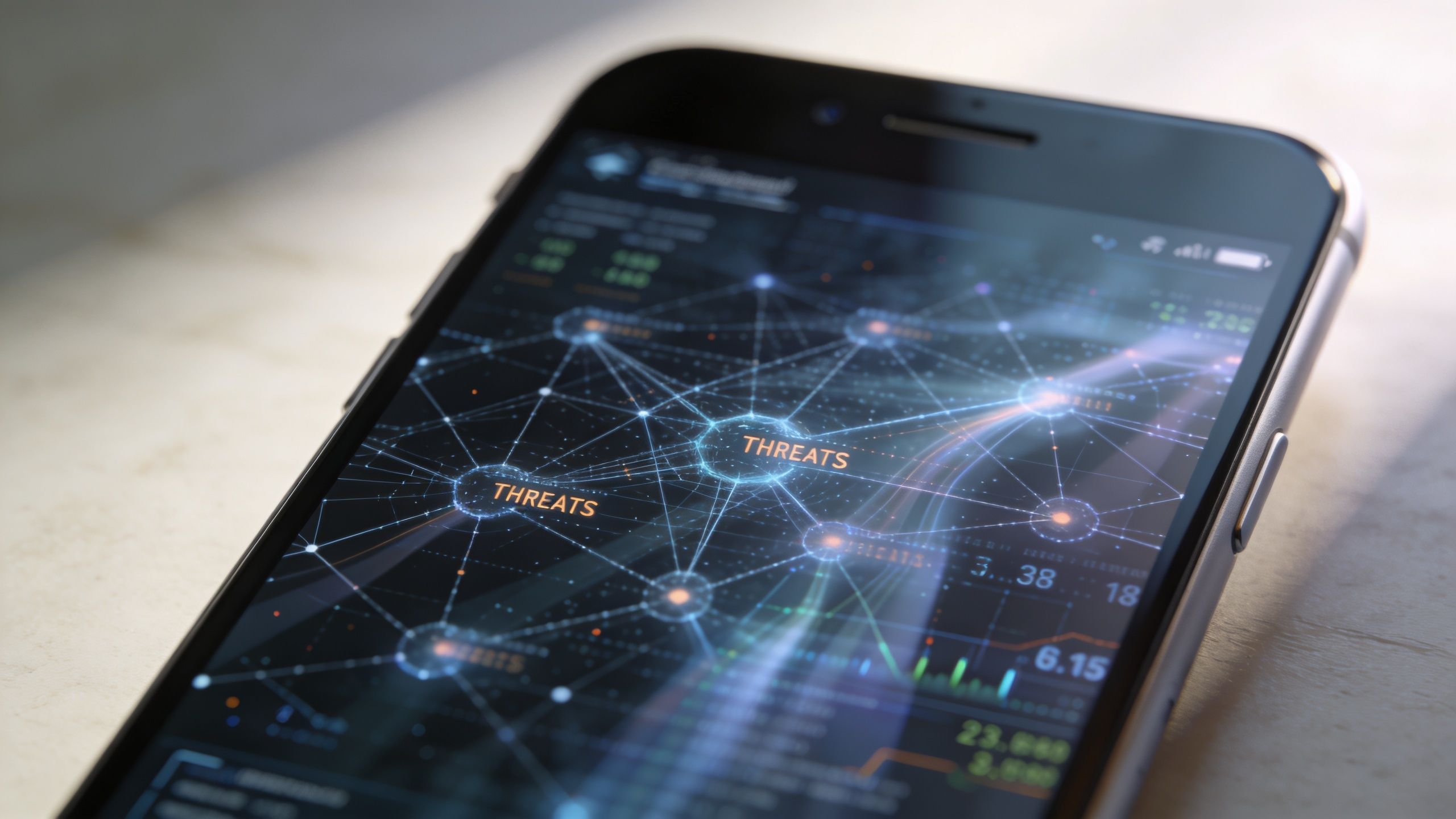 A close-up of a smartphone screen displaying a digital network graph with highlighted security threats visualization.