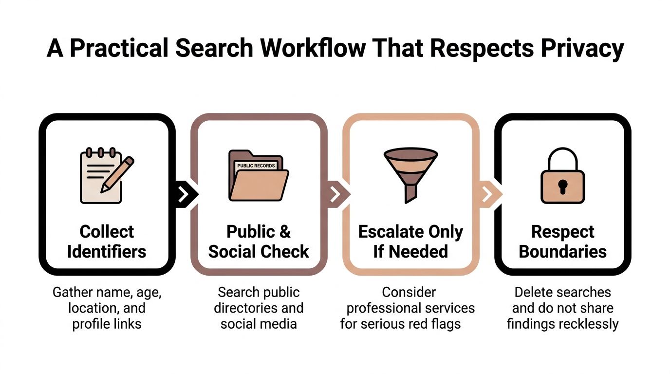A four-step infographic illustrating a privacy-conscious workflow for conducting personal background checks while dating safely.