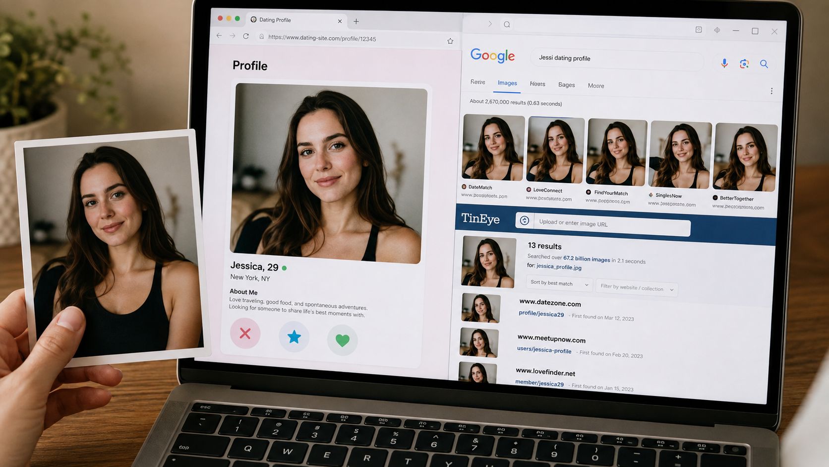 A person holding a photograph while viewing a dating profile analysis on a laptop screen.
