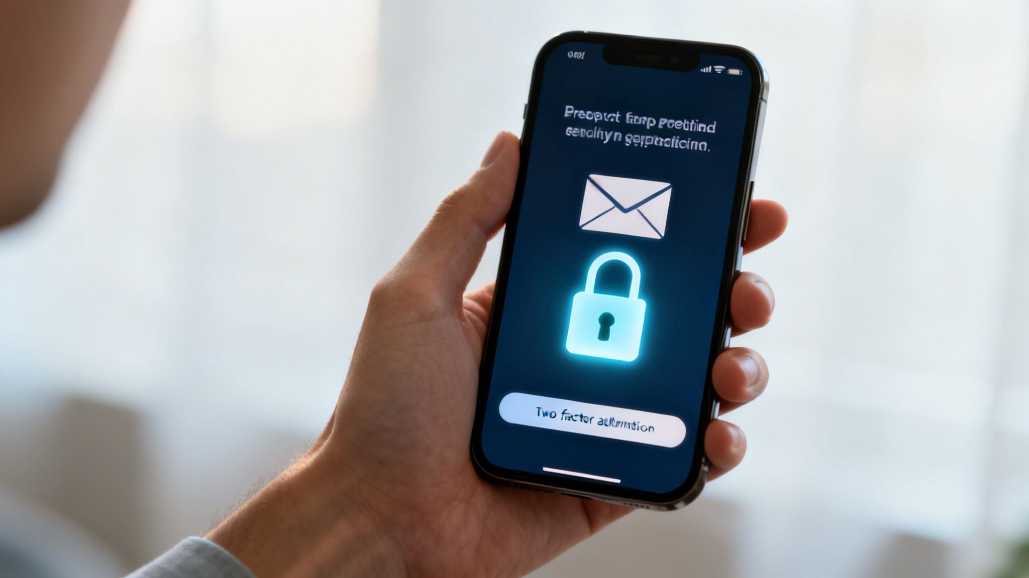 A person holds a smartphone displaying glowing digital security icons: an envelope and a locked padlock.