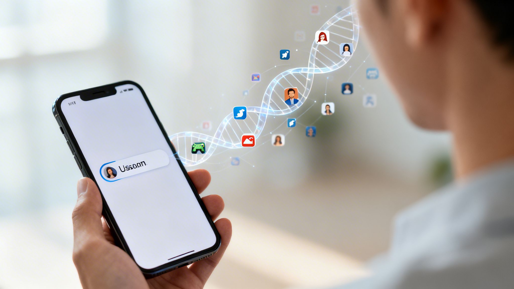 A hand holds a smartphone searching 'Ussoan', with a digital DNA helix showing connected social media profiles.