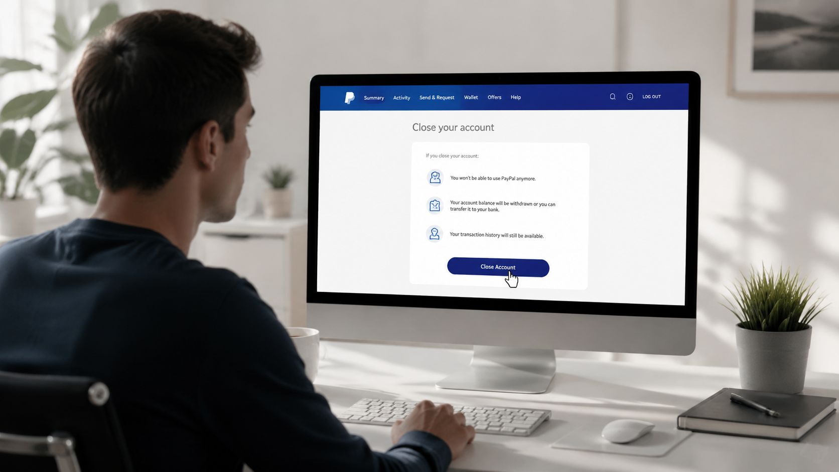 A person sitting at a desk looking at a computer screen showing the PayPal close account page.