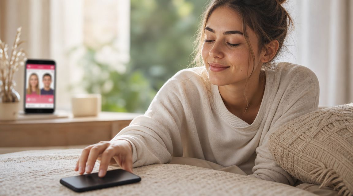 A young woman smiling while looking at her smartphone during a relaxing moment at home.