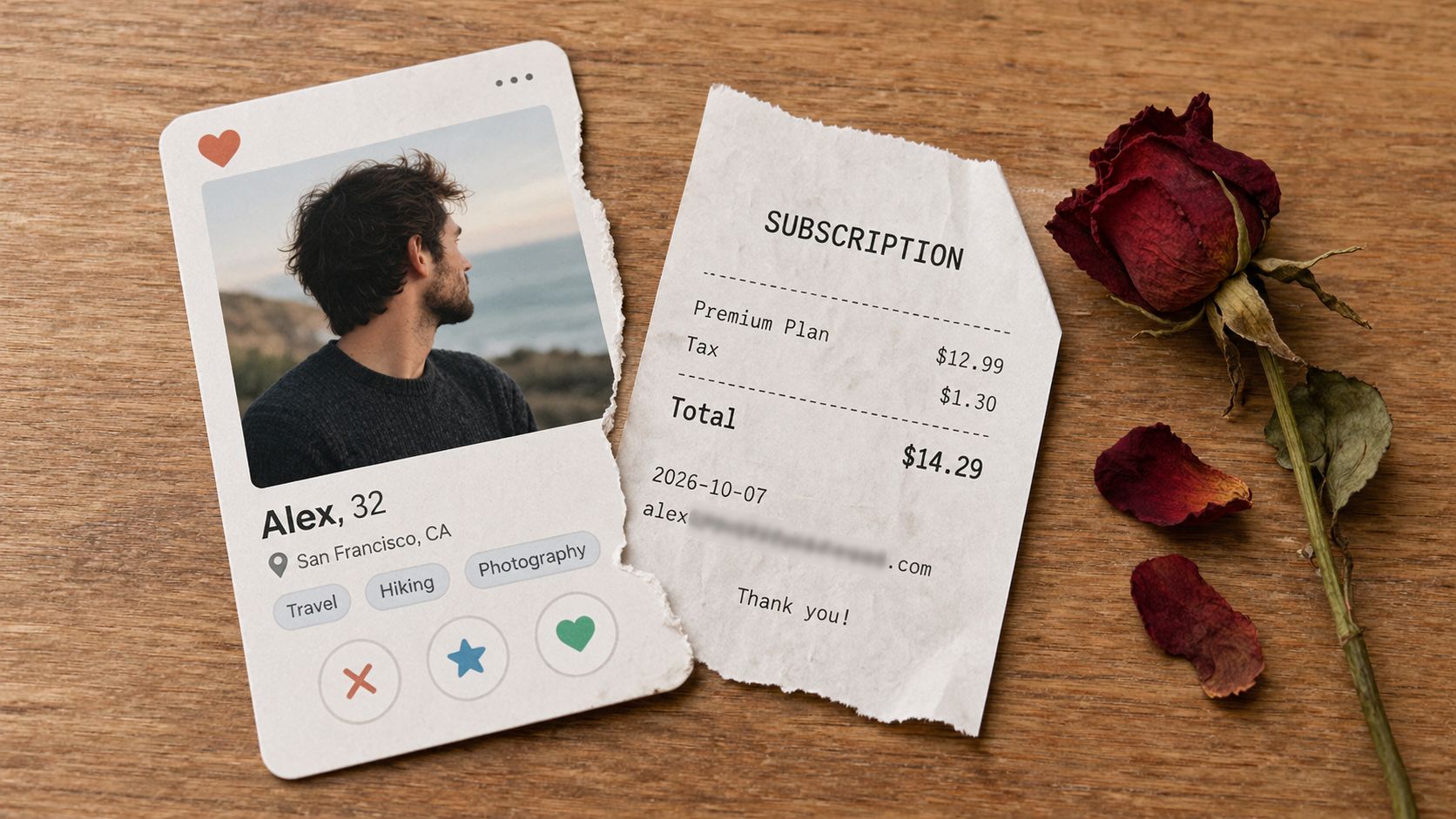A torn dating app profile of a man next to a subscription receipt and a dried rose.