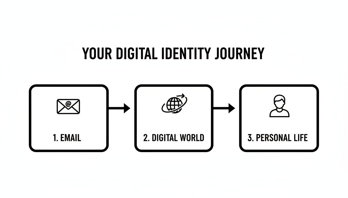 Flowchart illustrating the digital identity journey from email to the digital world and personal life.