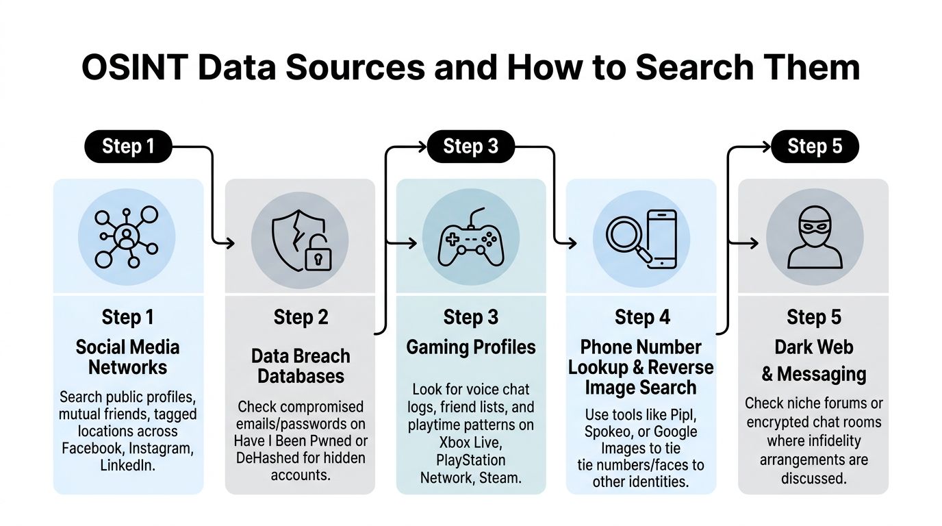 A process chart illustrating five steps for conducting an OSINT digital investigation into potential infidelity.