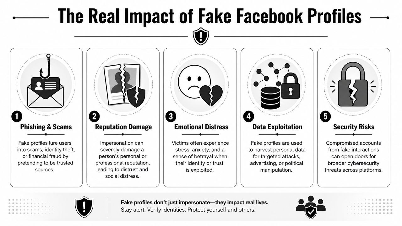 An infographic titled The Real Impact of Fake Facebook Profiles, listing five key risks of online impersonation.