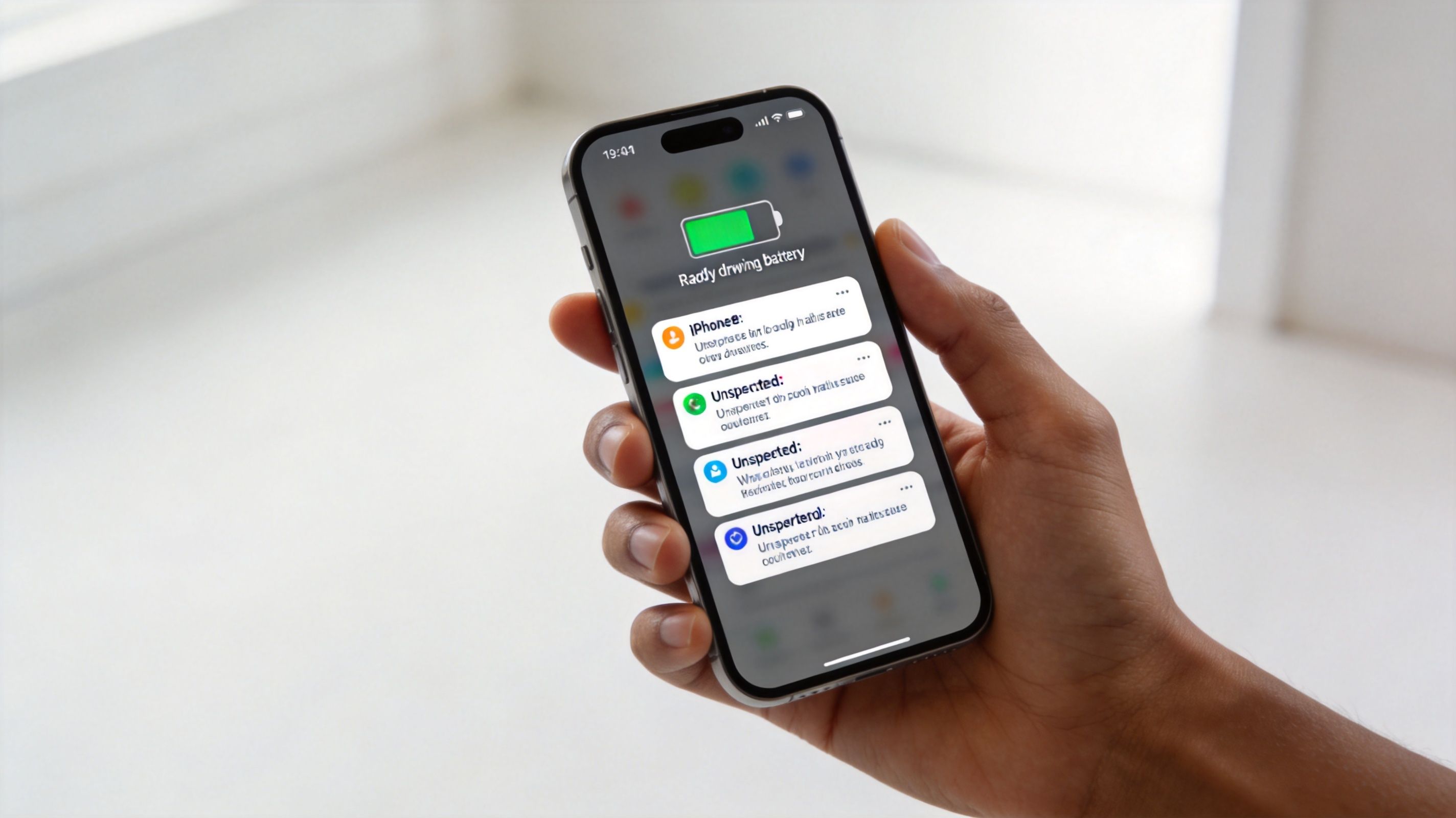 A person holding an iPhone displaying multiple suspicious notification popups about battery draining and security alerts.