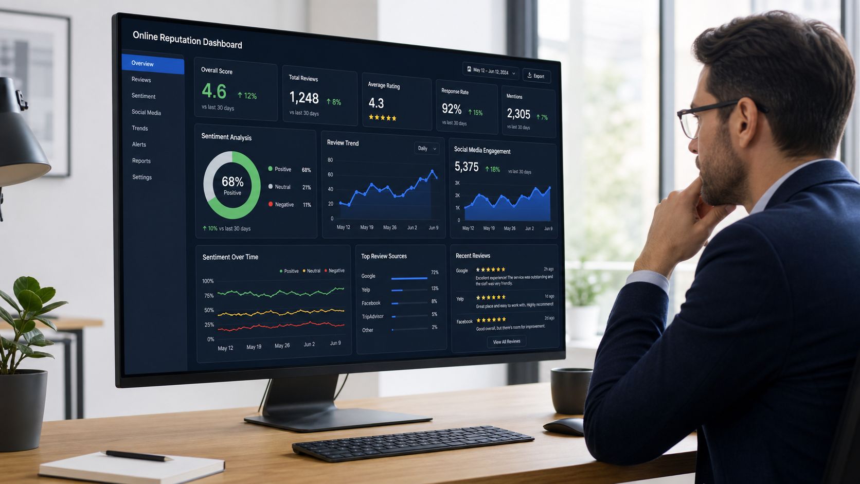 A professional man reviewing data on an online reputation management dashboard on a large computer screen.