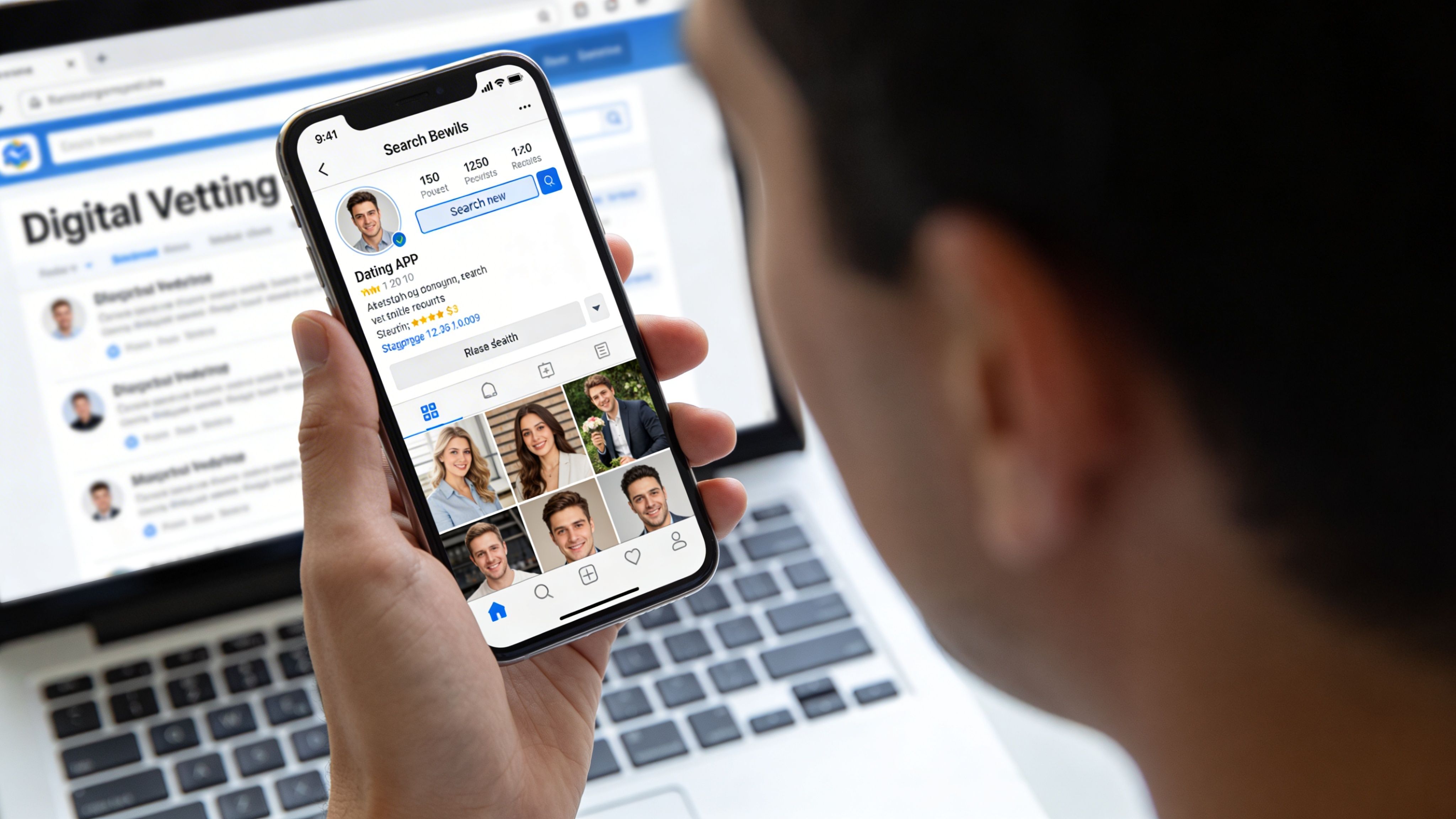 A person holding a smartphone showing a dating profile app with a computer screen in the background.