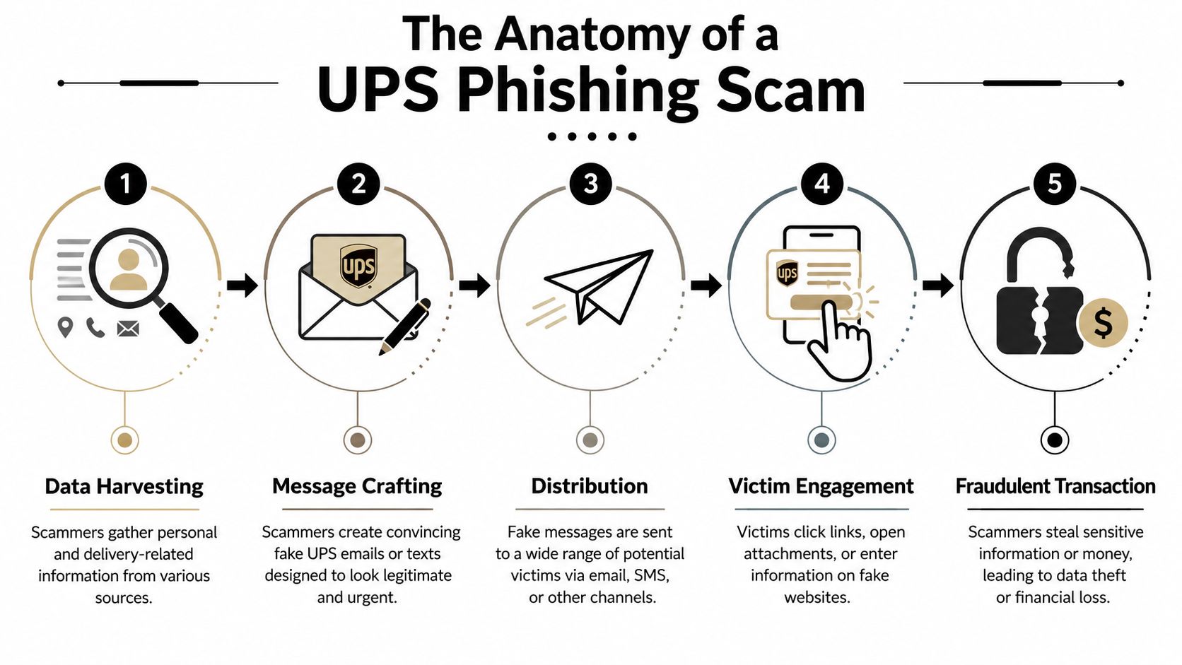 An infographic detailing the five steps of a UPS phishing scam, from data harvesting to financial fraud.