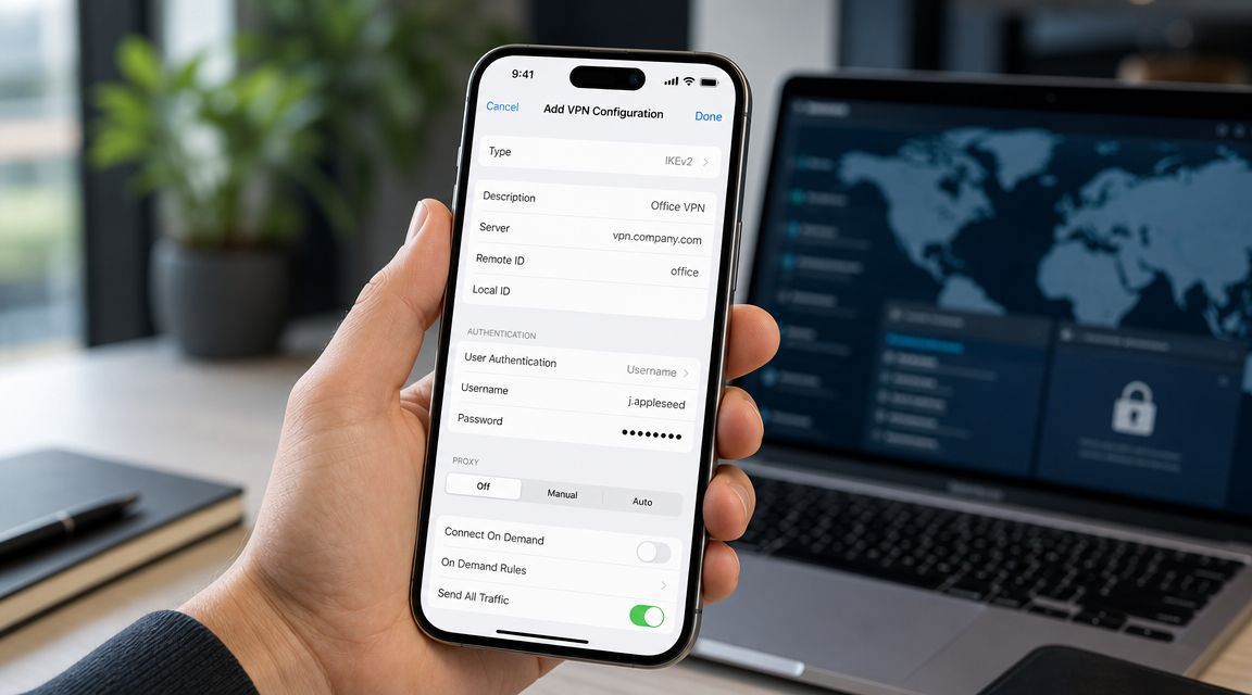 A person holding an iPhone displaying the VPN configuration settings menu with office network details entered.