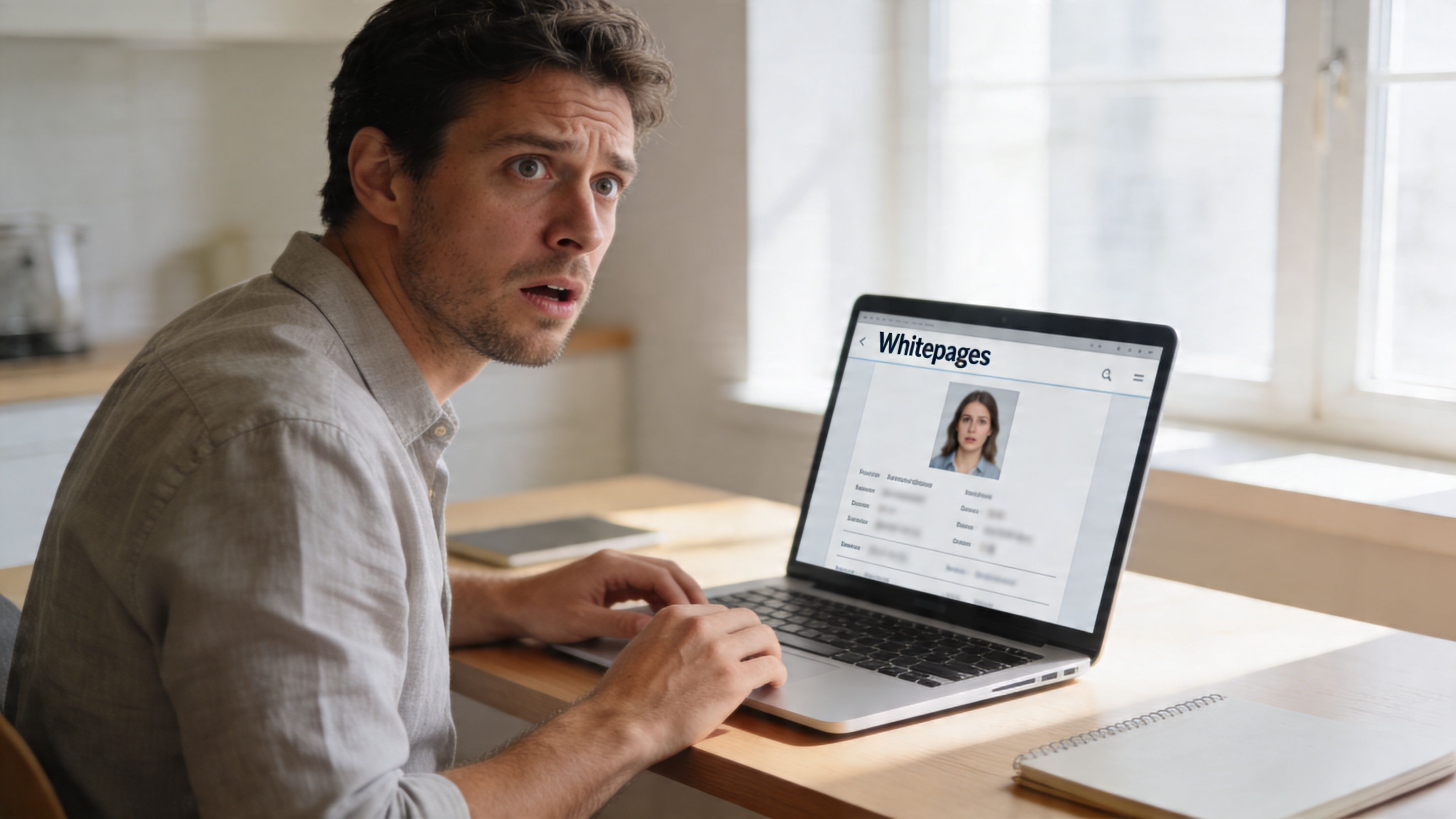 A concerned man looking at his laptop screen displaying personal information on the Whitepages website.
