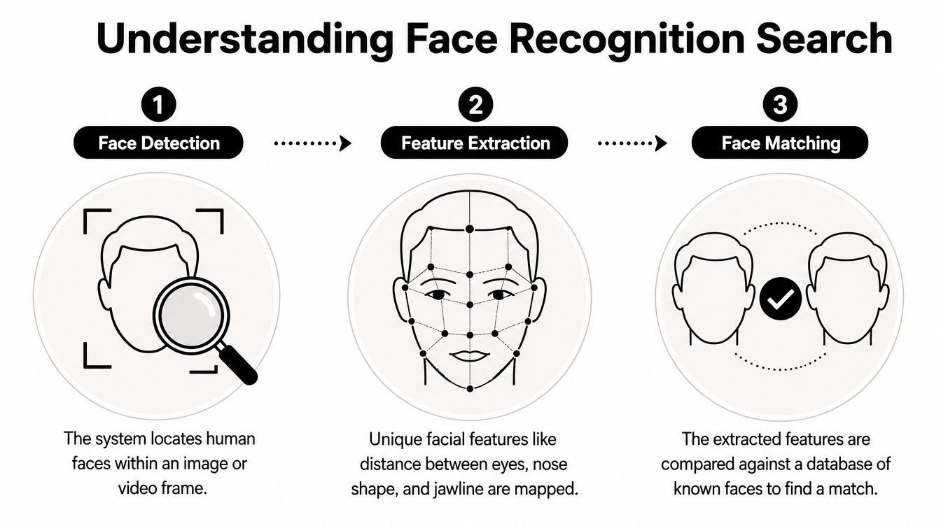 A diagram illustrating the three-step process of face recognition search including detection, feature extraction, and matching.