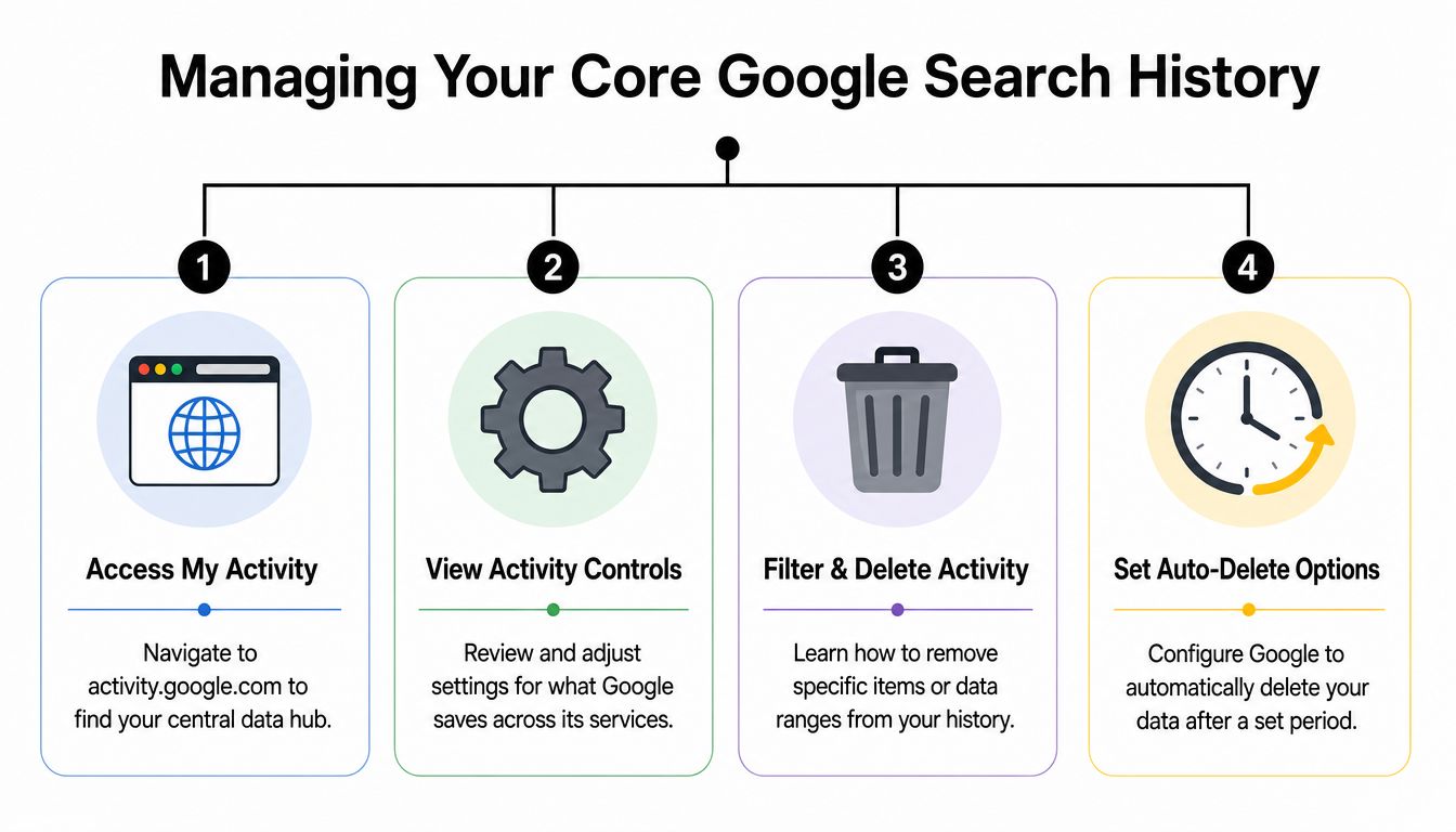 An infographic showing four steps to manage and delete your core Google search activity history data.
