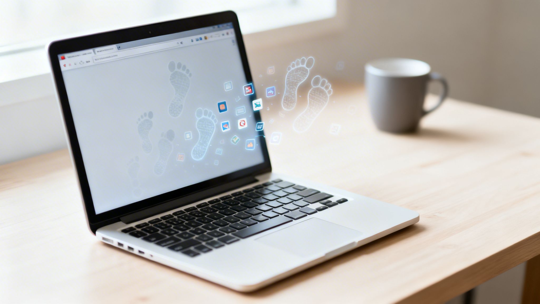 A laptop screen displaying digital footprints and application icons, symbolizing online activity and data leaving the screen.