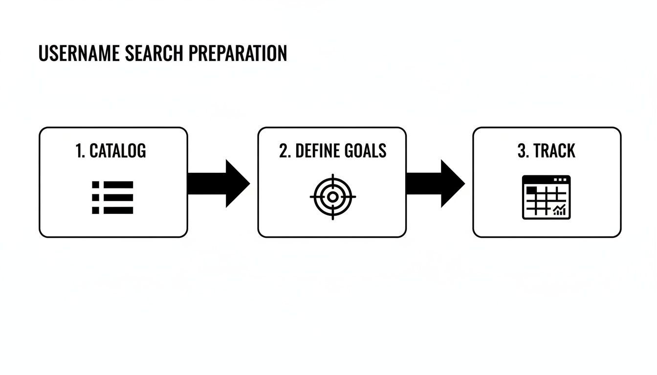 A three-step flowchart for username search preparation: Catalog, Define Goals, Track.