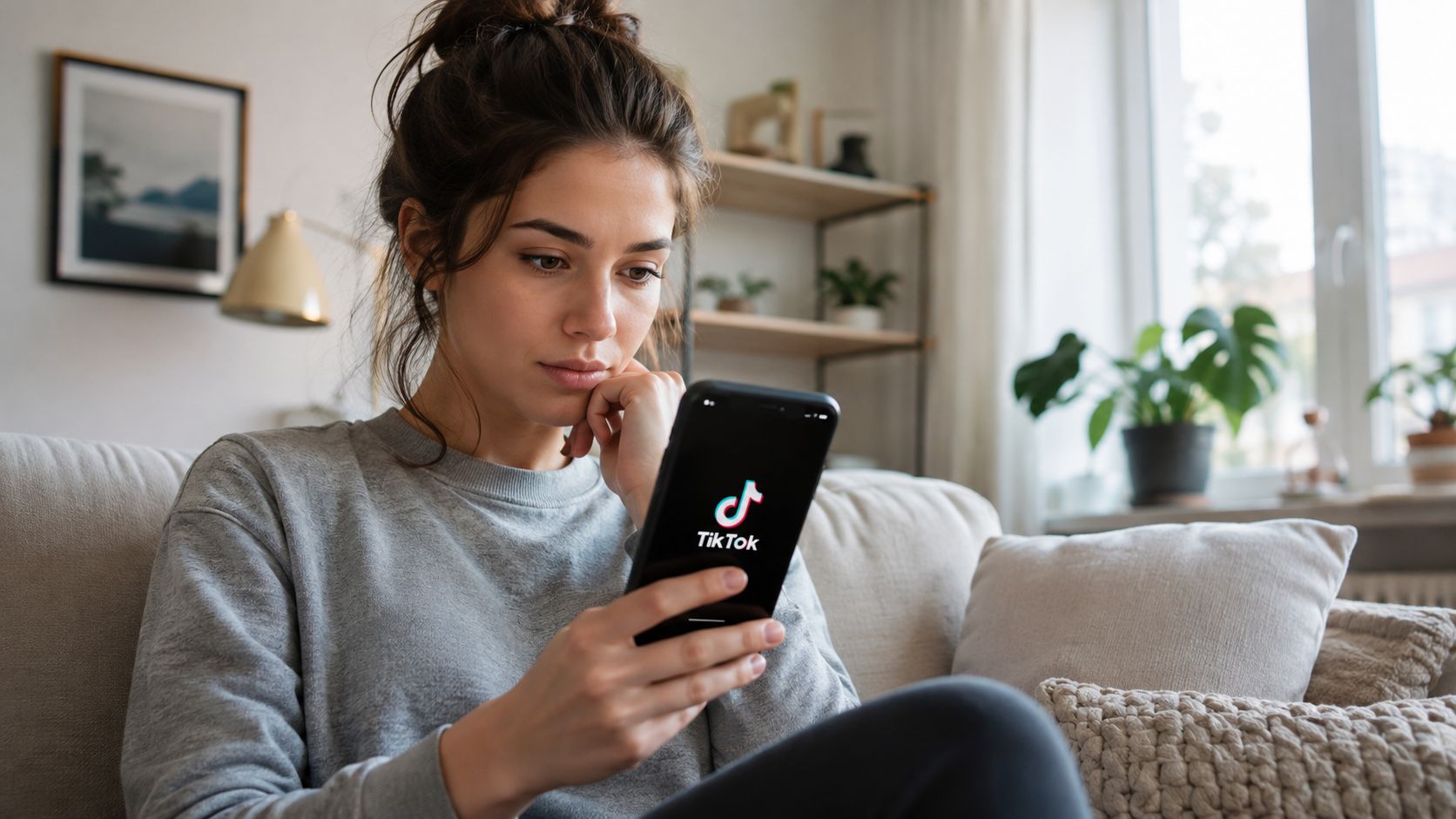 A young woman sitting on a sofa and looking thoughtfully at the TikTok app on her smartphone.
