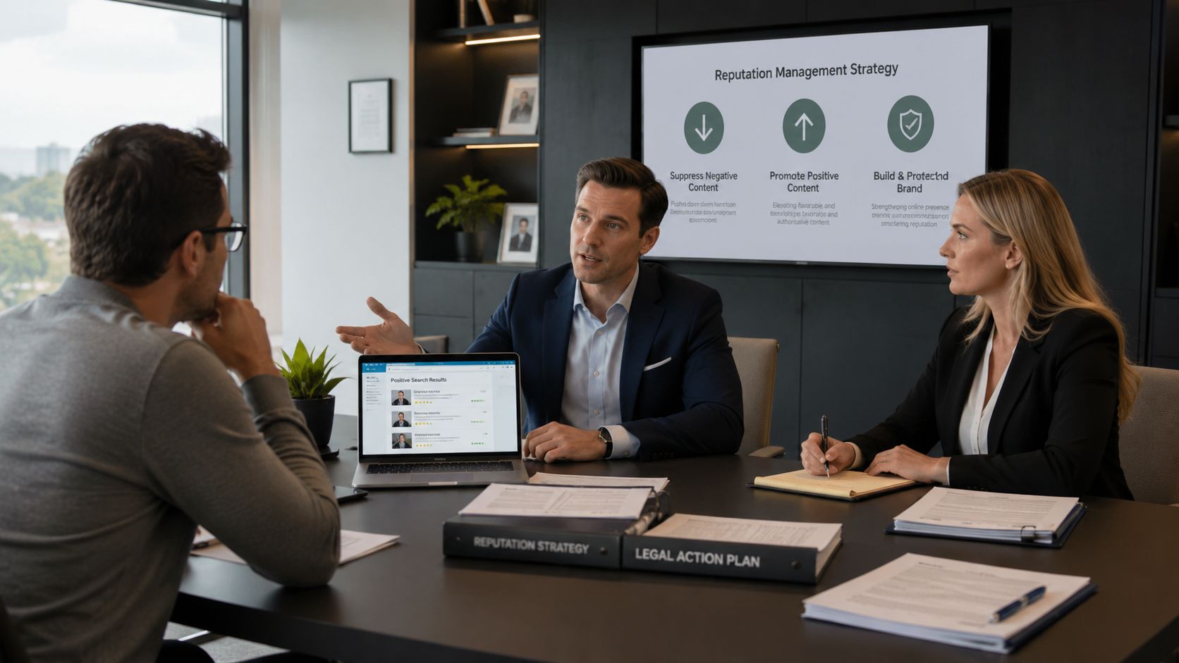 A professional team discussing a reputation management strategy in a modern office meeting room with screens.