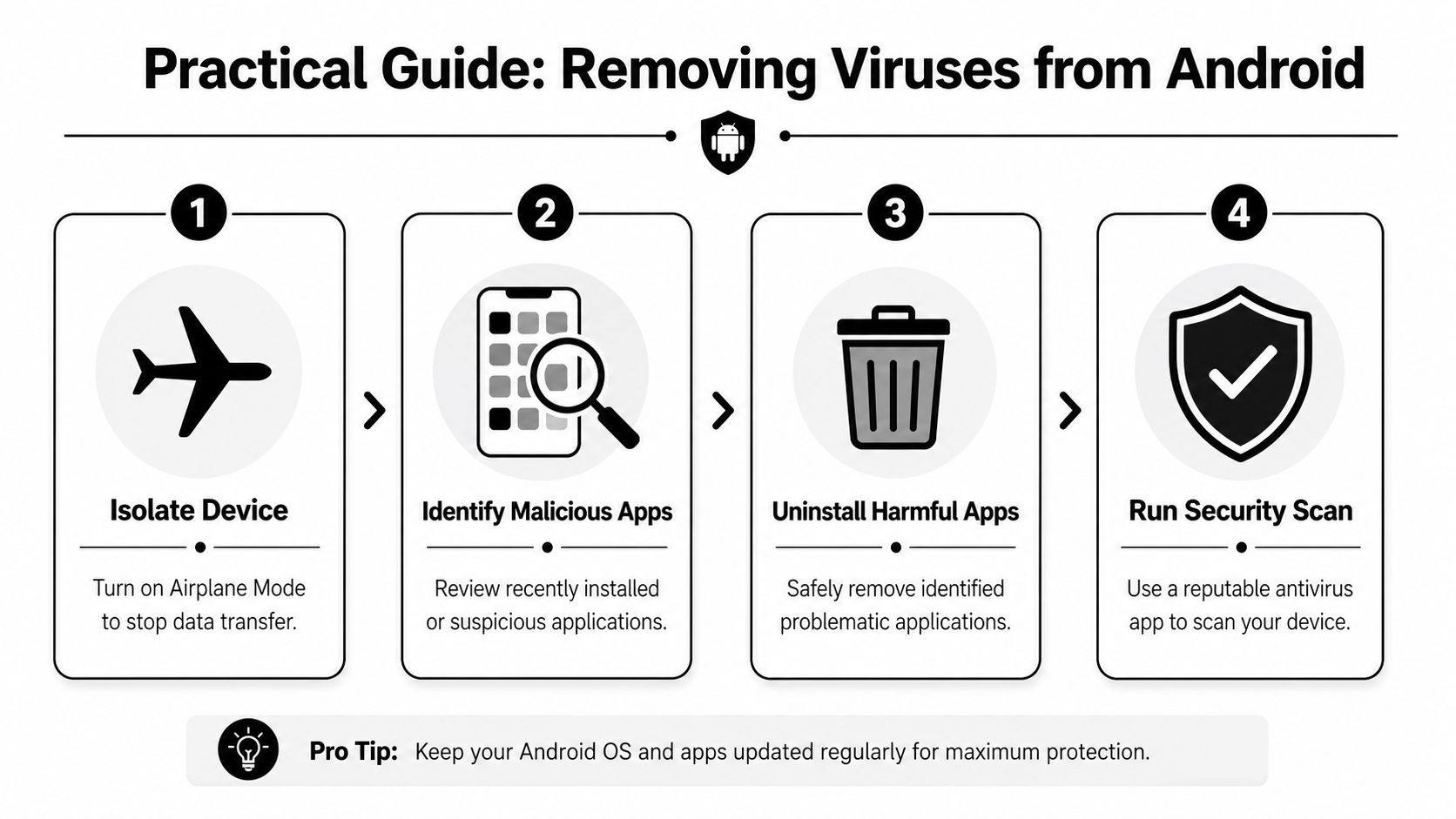 A four-step infographic illustrating how to safely remove viruses from an Android mobile device.