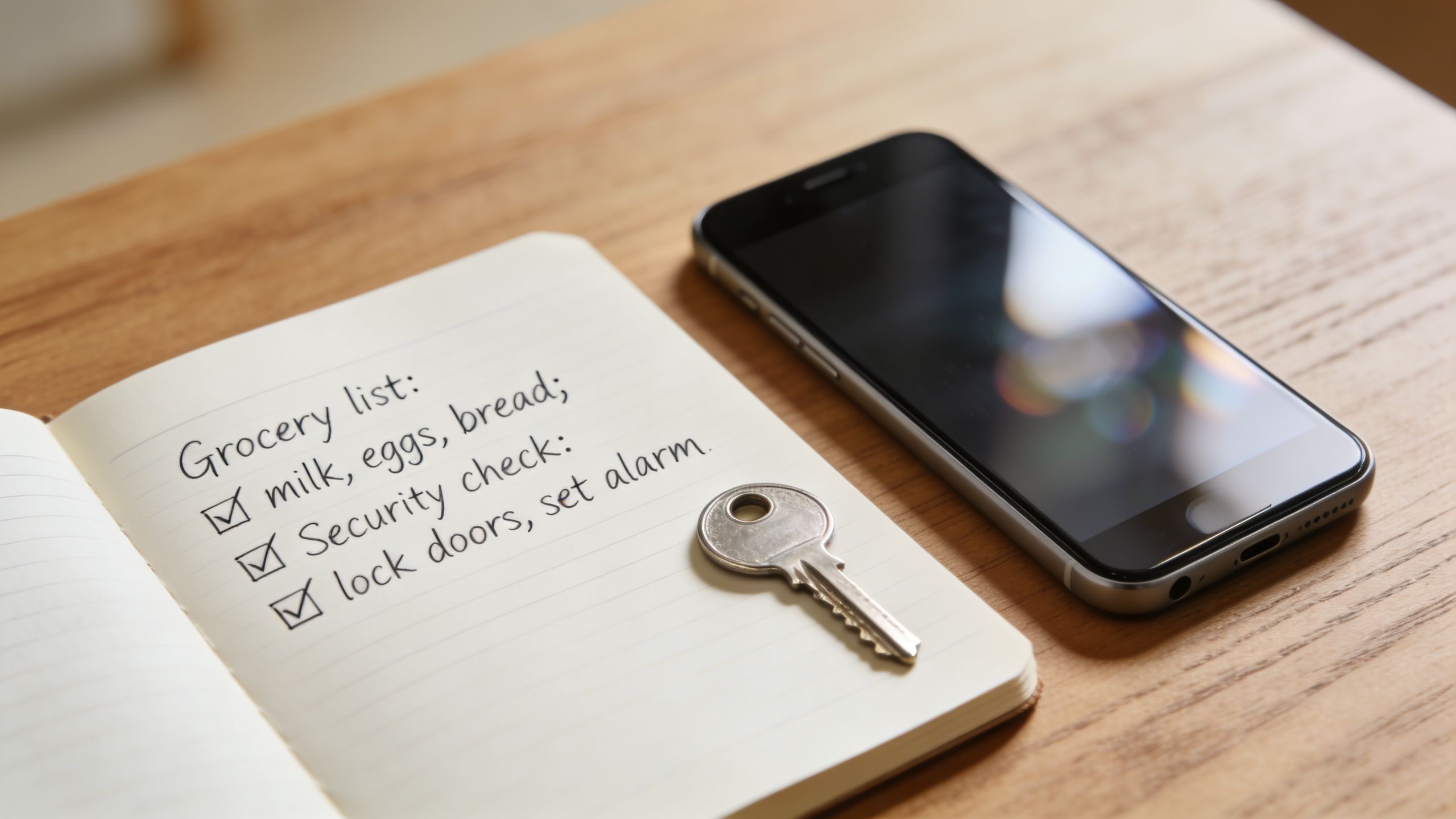 A notepad with a grocery list and security checklist alongside a smartphone and a key on a table.