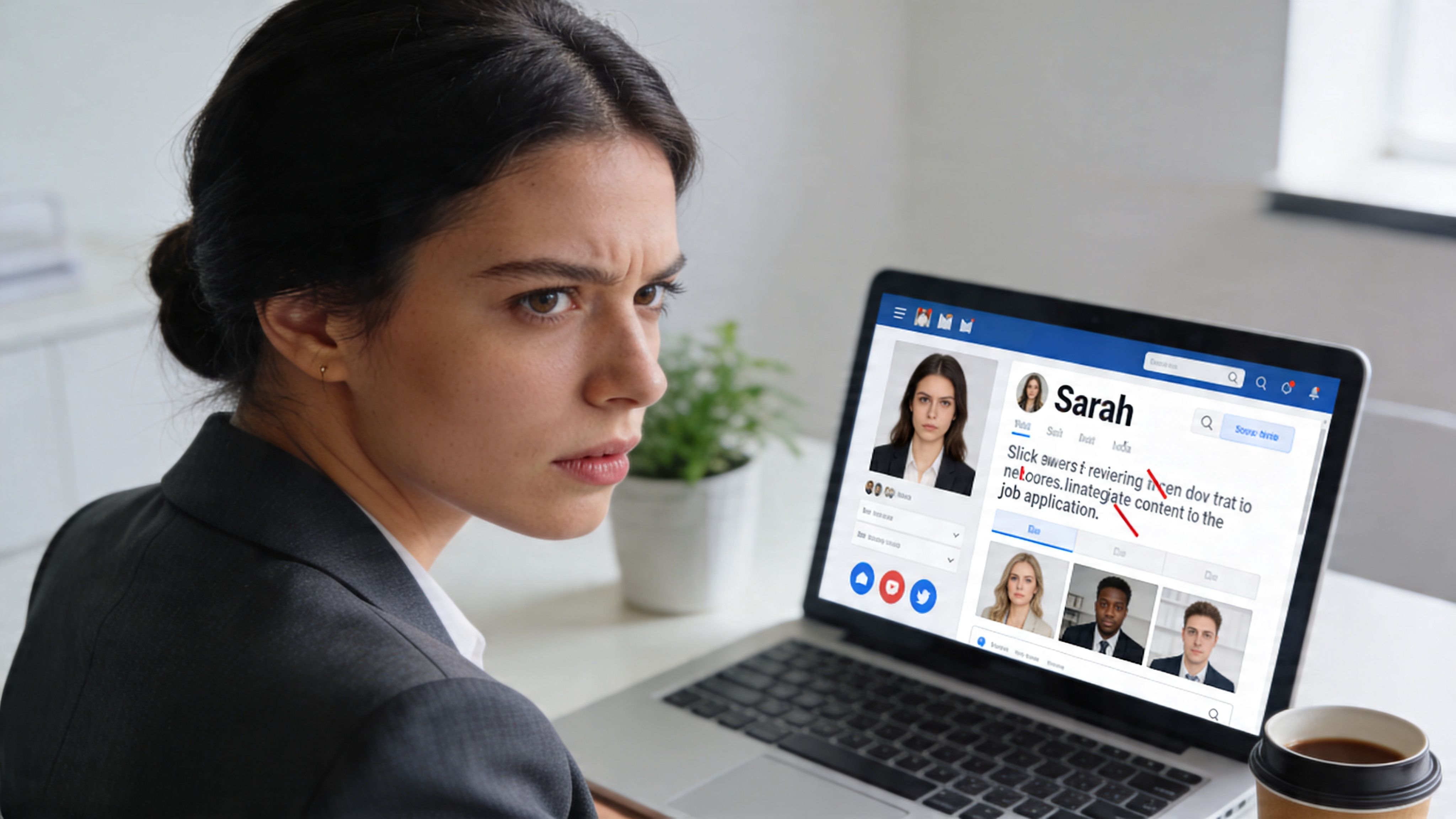 A concerned woman analyzing professional profiles and application content on a laptop screen in an office.
