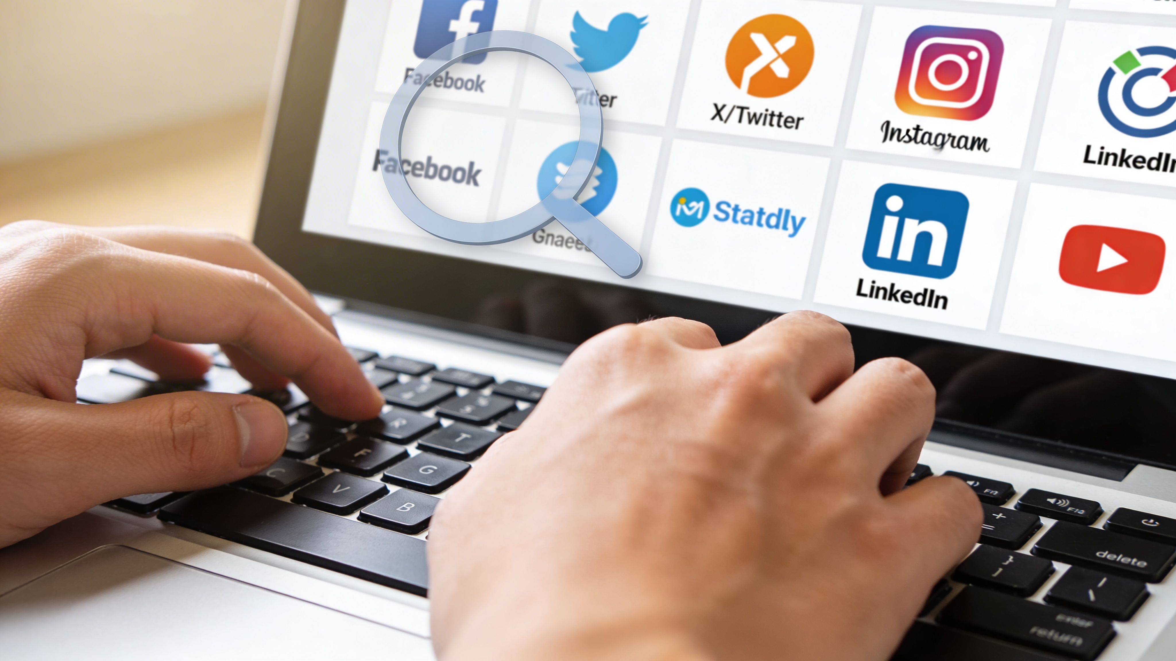 A close-up view of hands typing on a laptop displaying various social media platform icons with a magnifying glass.