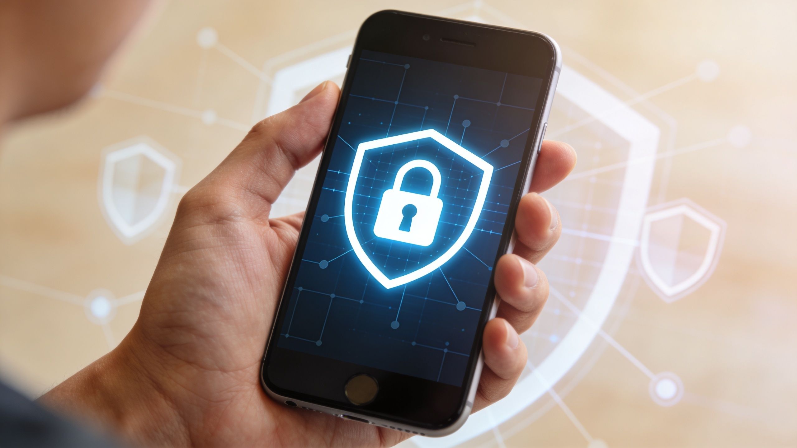 A close-up of a hand holding a smartphone displaying a glowing digital shield and lock security icon.