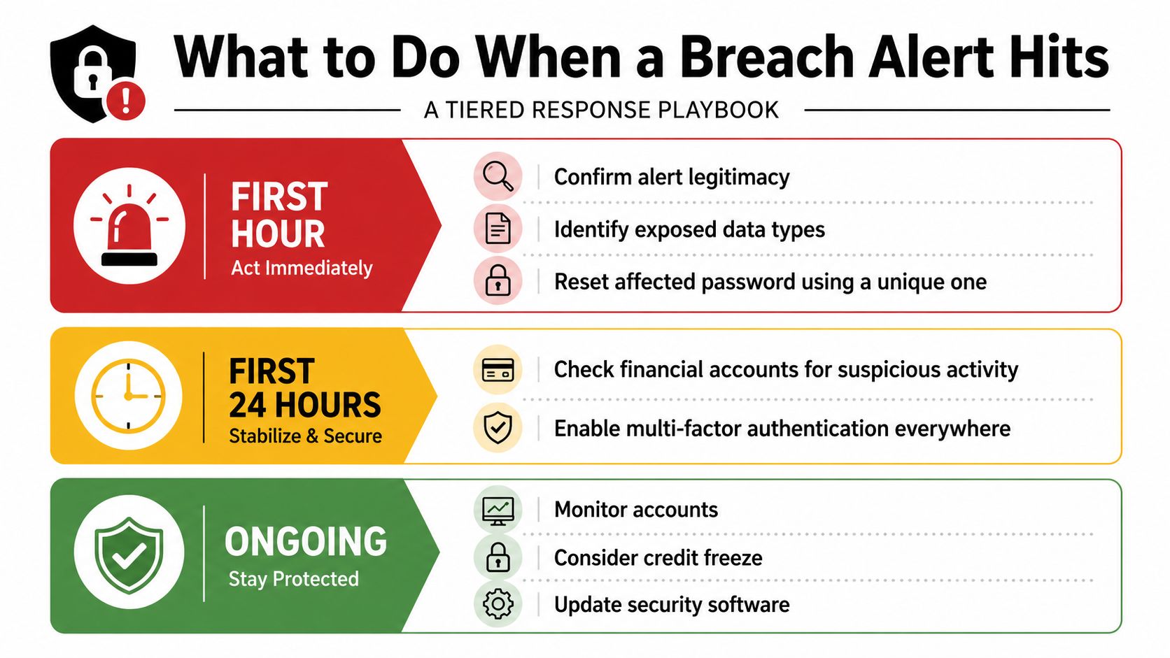 A tiered response playbook infographic illustrating the steps to take immediately following a data breach alert.