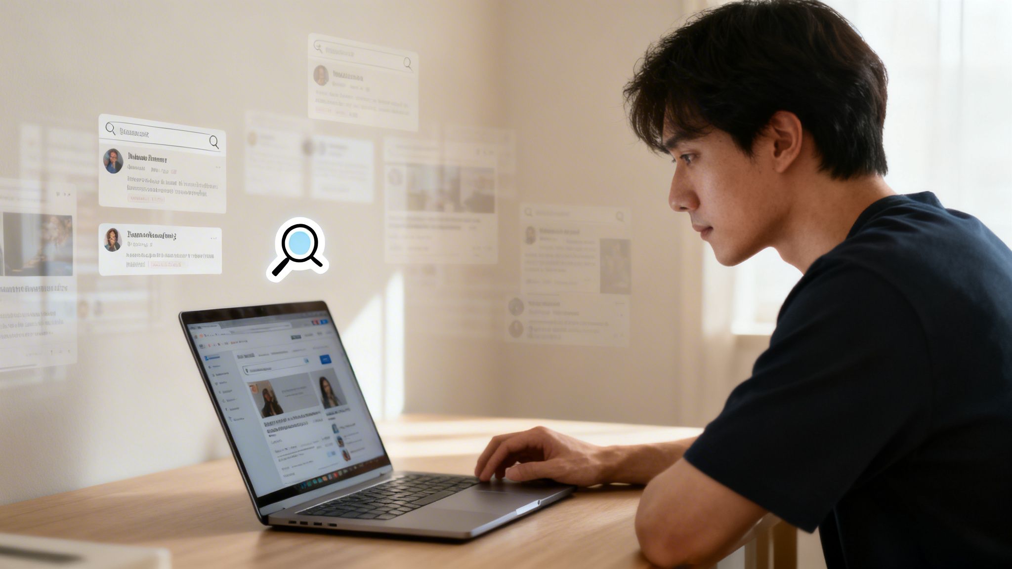 A man intently using a laptop with floating digital search results and a magnifying glass icon.