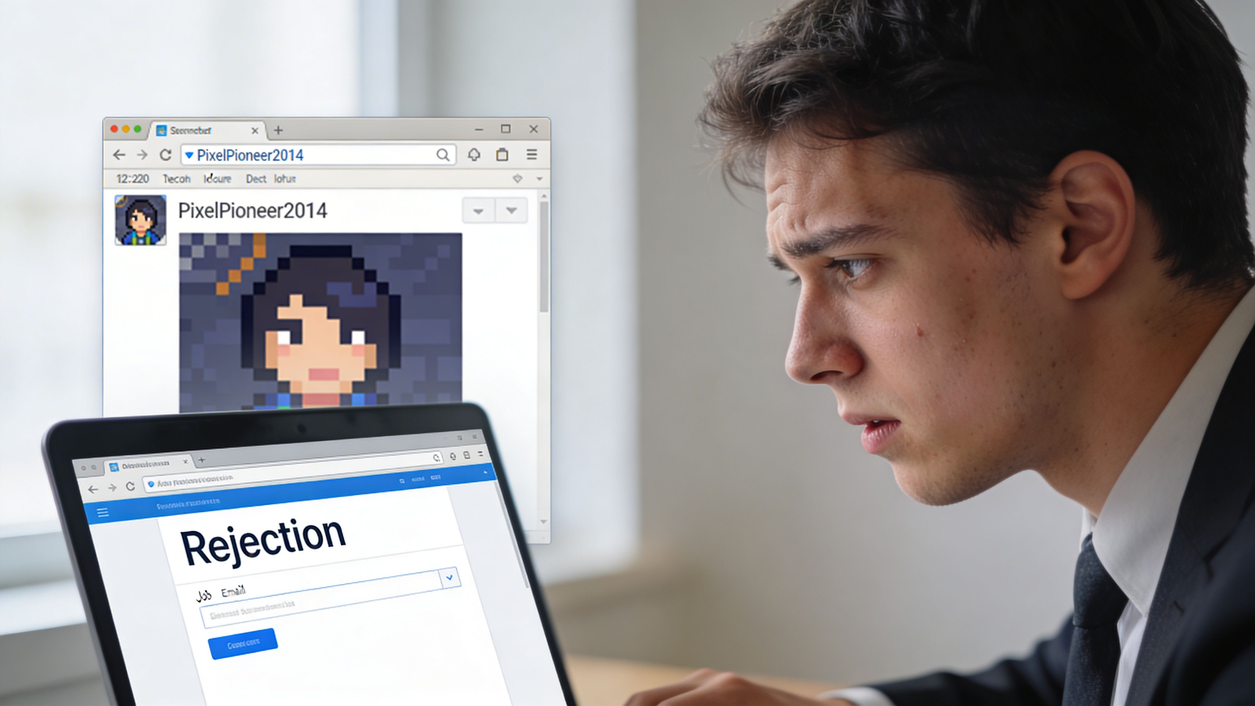 A worried young businessman looking at a computer screen showing a job rejection email notification.