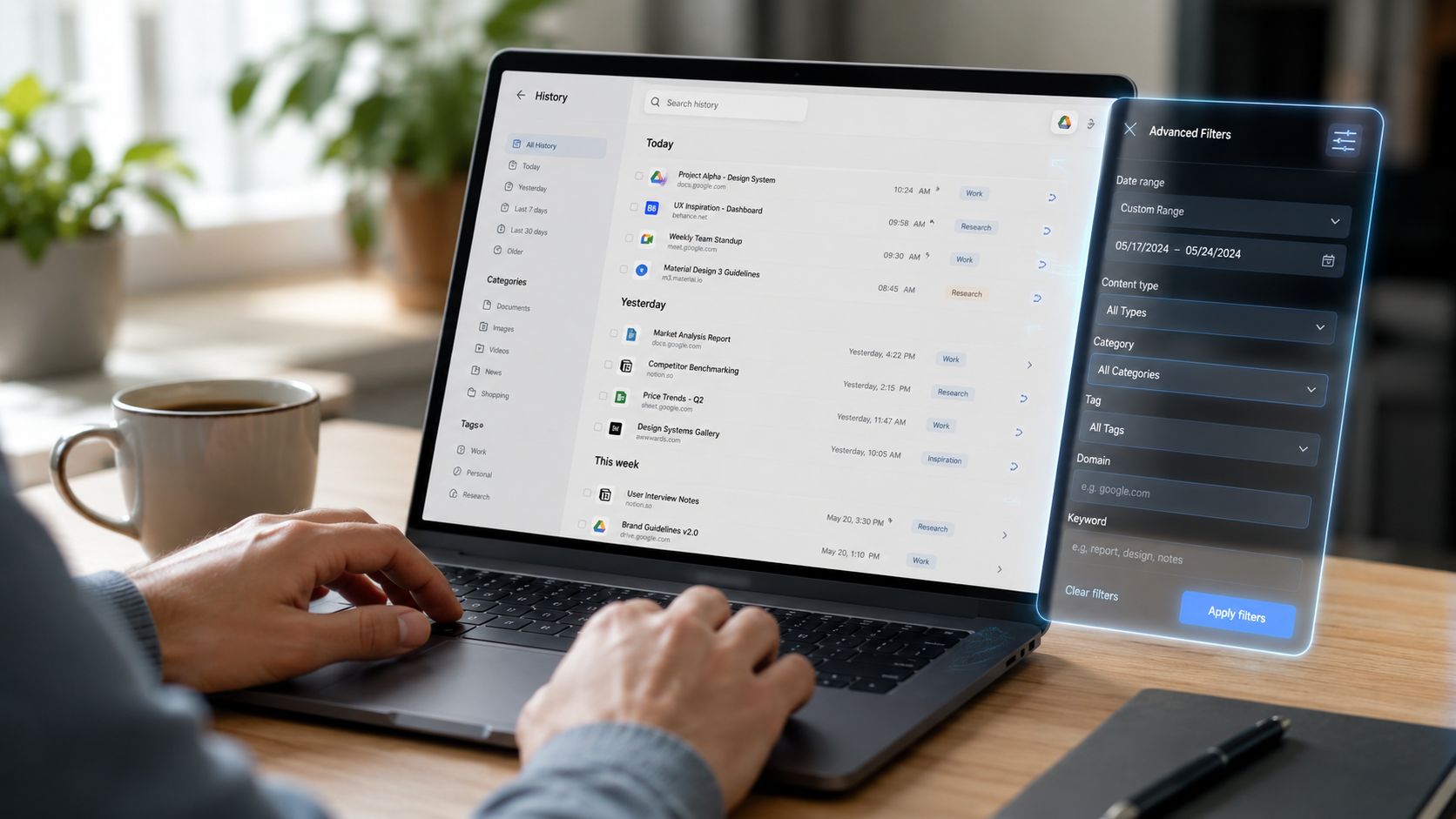 A person using a laptop with advanced search history filtering settings visible on the screen interface.
