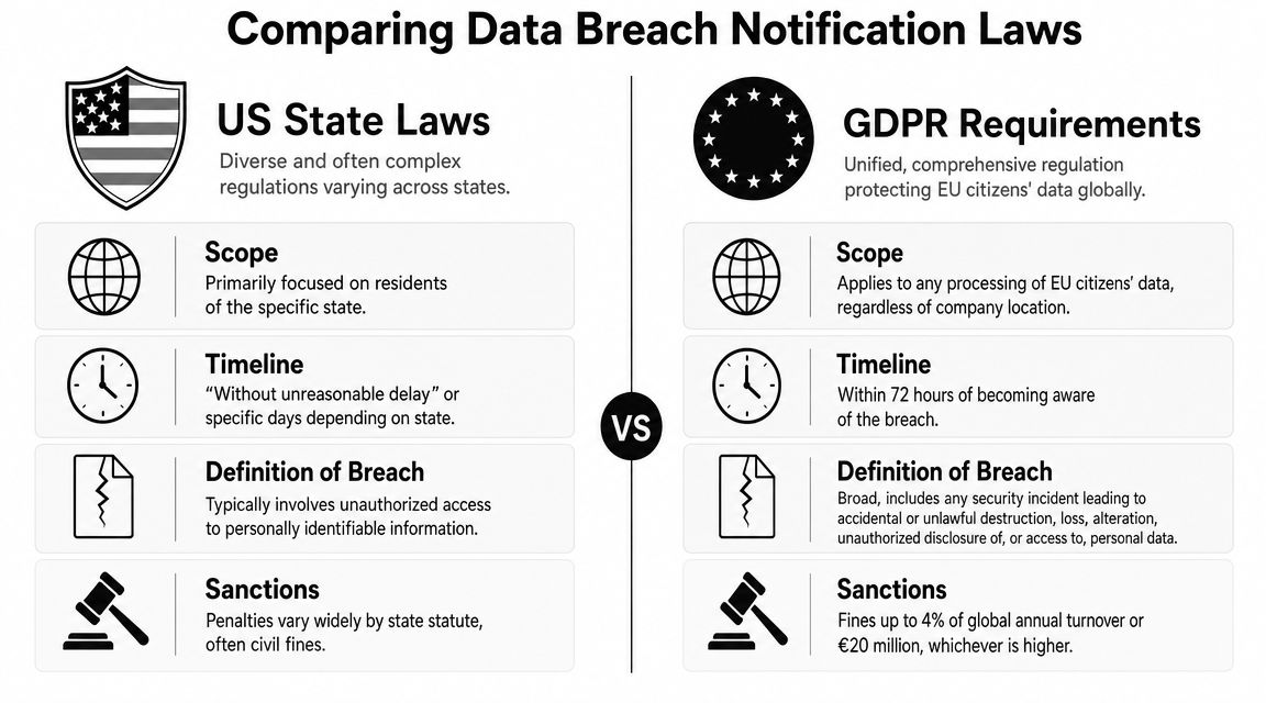 A comparison chart outlining differences between US state-level and GDPR data breach notification legal requirements.