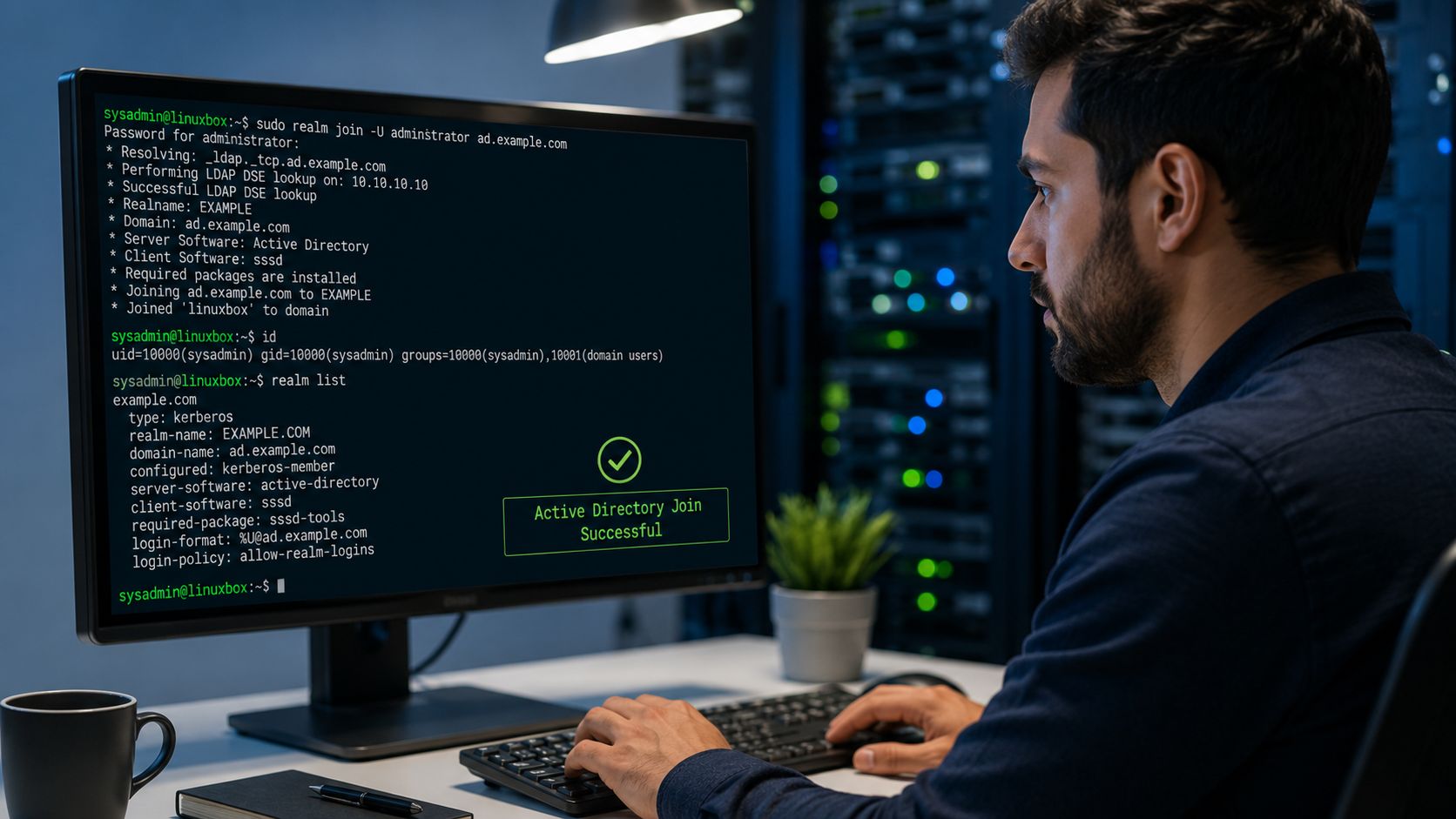 A systems administrator configuring Active Directory integration on a Linux server workstation in a data center.