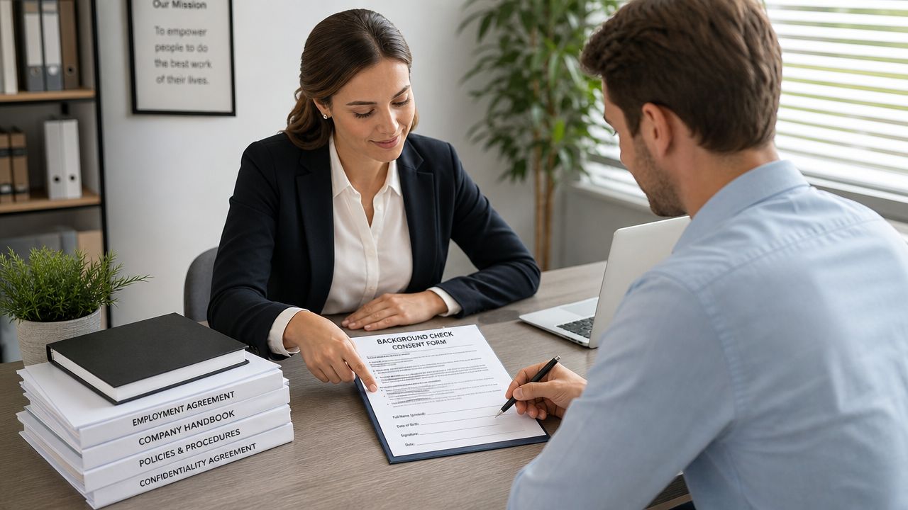A professional woman explaining a background check consent form to a man during a job interview.
