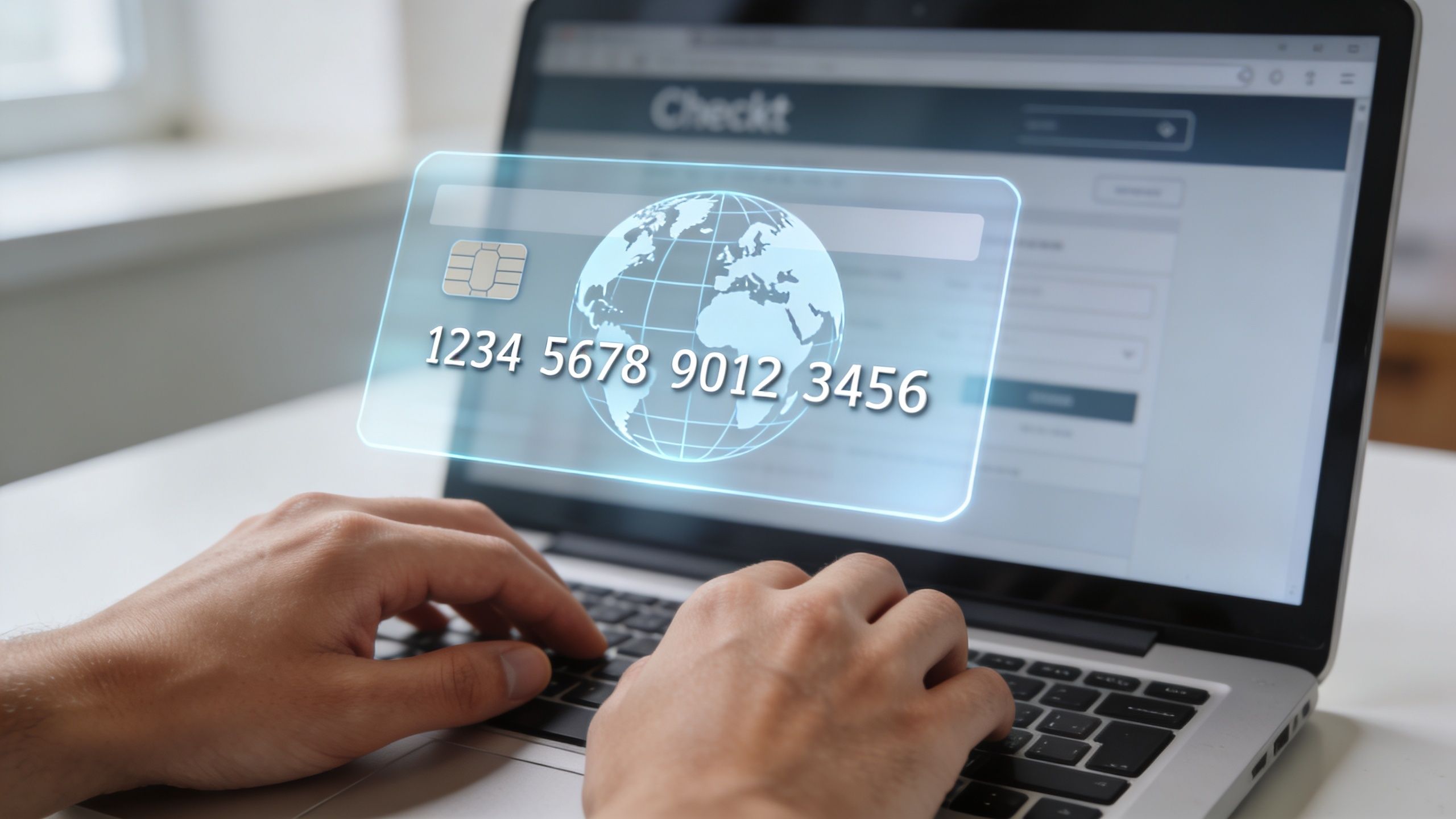 A person typing on a laptop with a digital credit card hologram appearing above the keyboard.