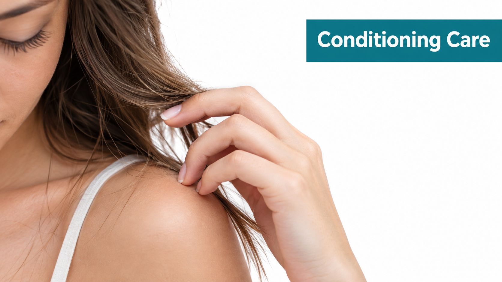A young woman touching her smooth hair, highlighting the benefits of hair conditioning and personal care routines.