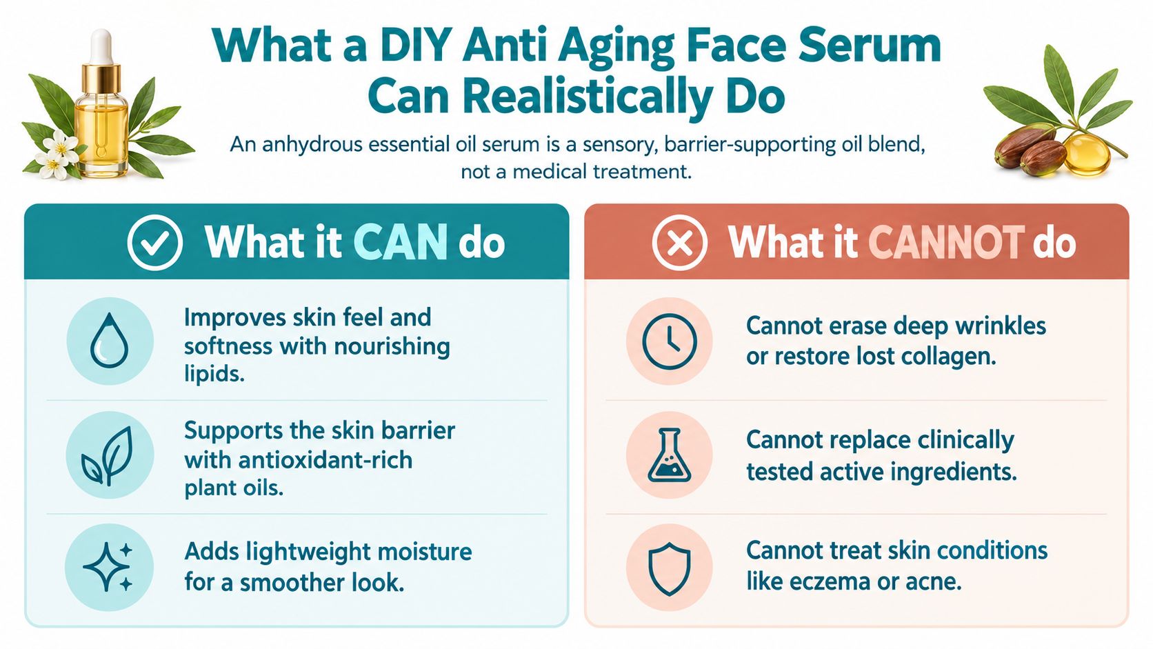An infographic showing what a DIY essential oil face serum can and cannot do for aging skin.