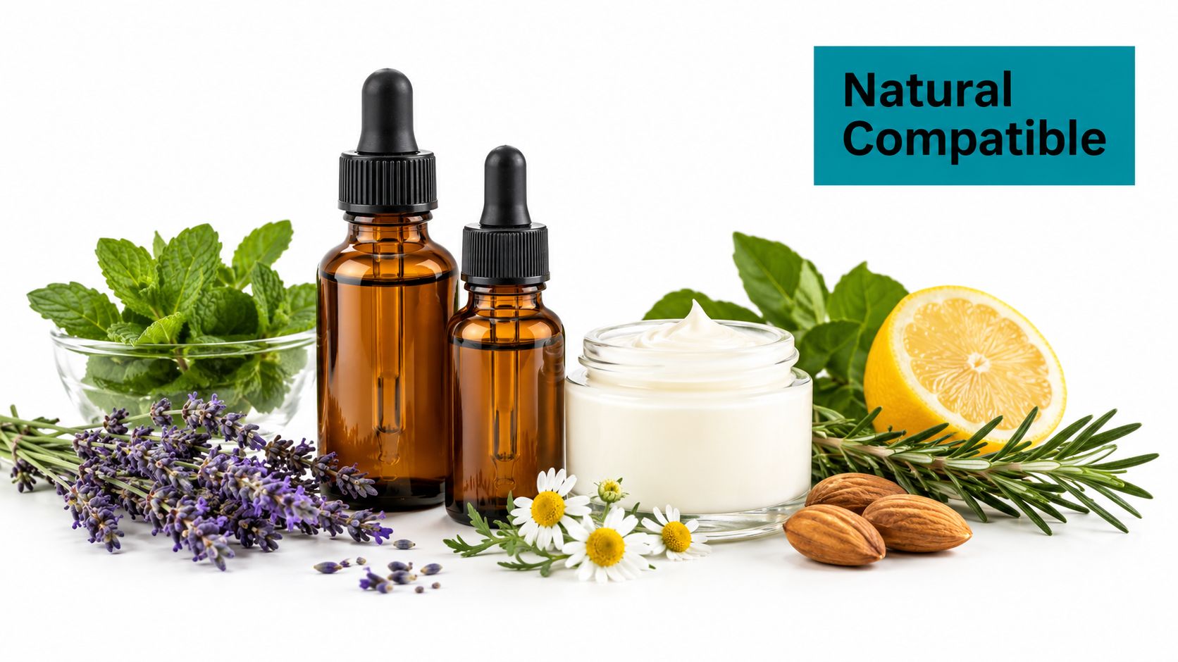 Amber dropper bottles of essential oils with a jar of cream, herbs, lemon, and almonds on white.