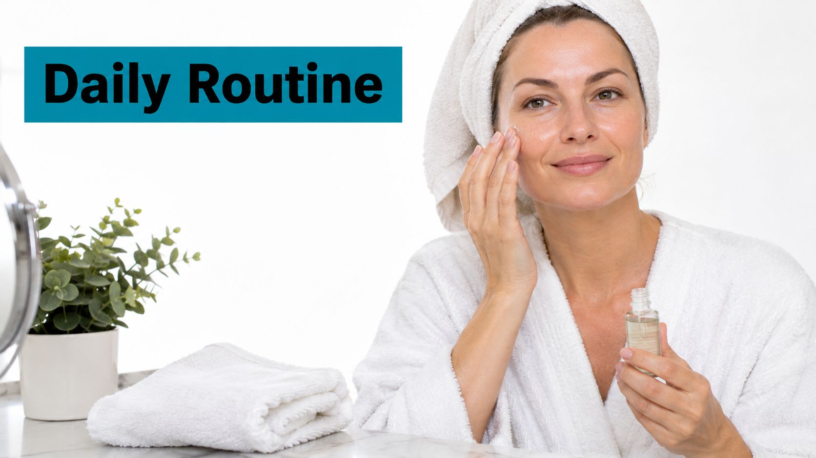 A woman in a white bathrobe and head towel applies a peptide serum to her face.