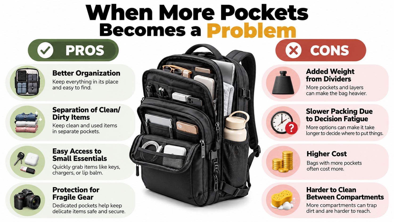A backpack with many compartments displayed with a chart listing pros and cons of organizational pockets.