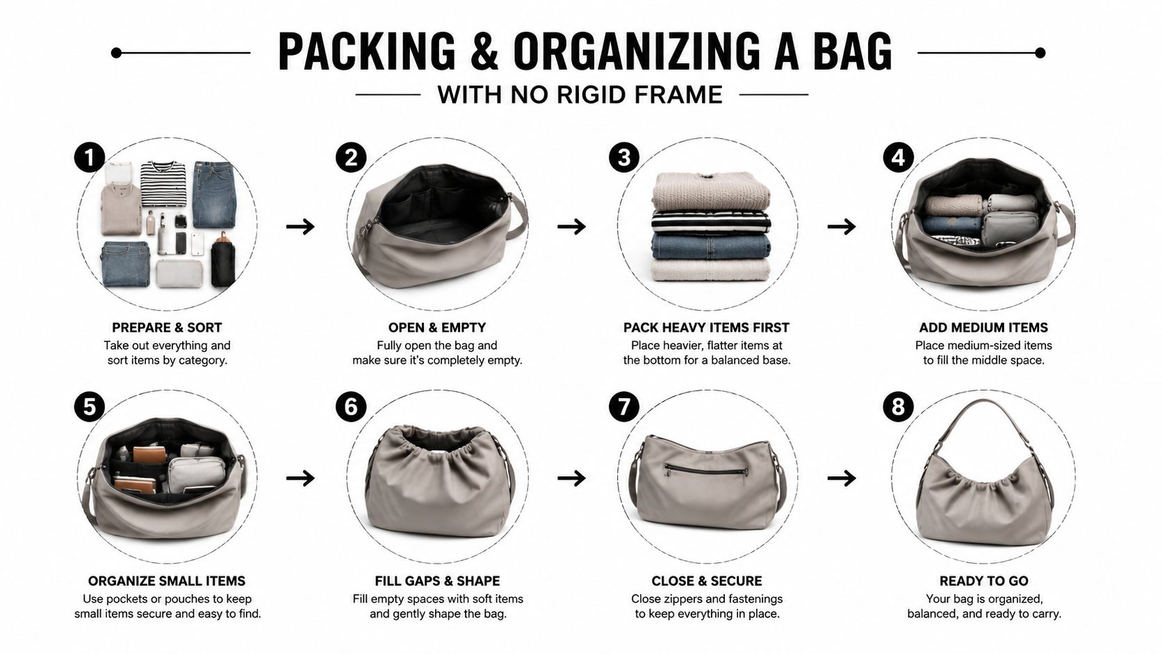 An instructional infographic demonstrating step-by-step how to pack and organize a slouchy tote bag efficiently.