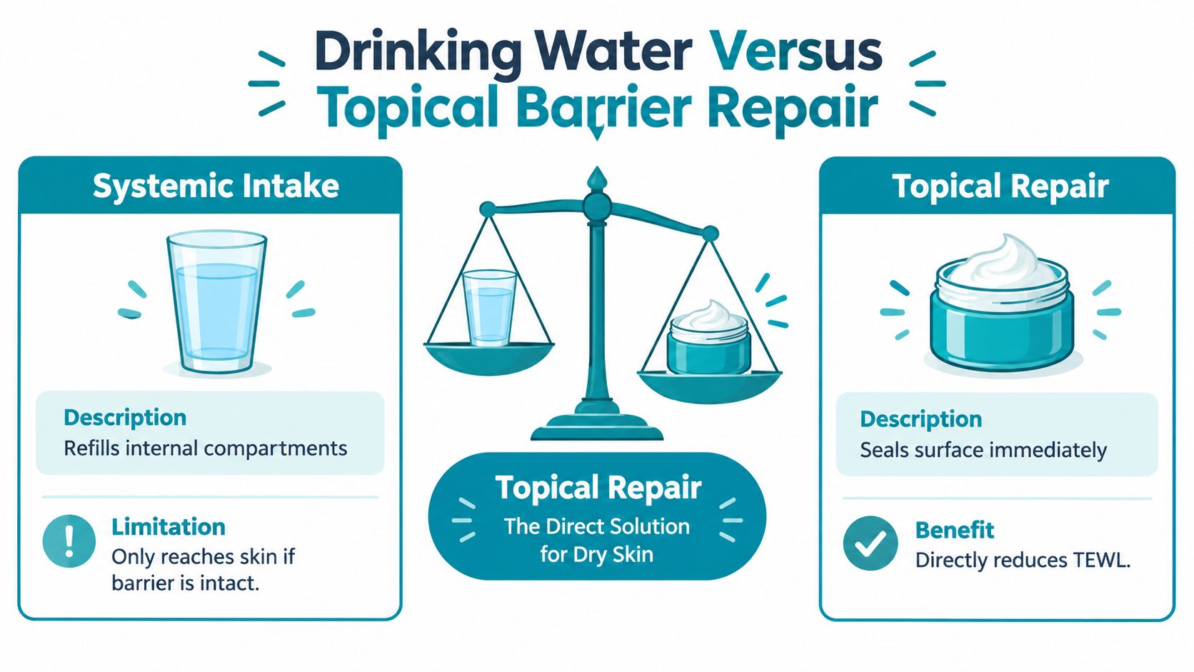 A diagram comparing the benefits of drinking water versus using topical creams to repair skin barriers.