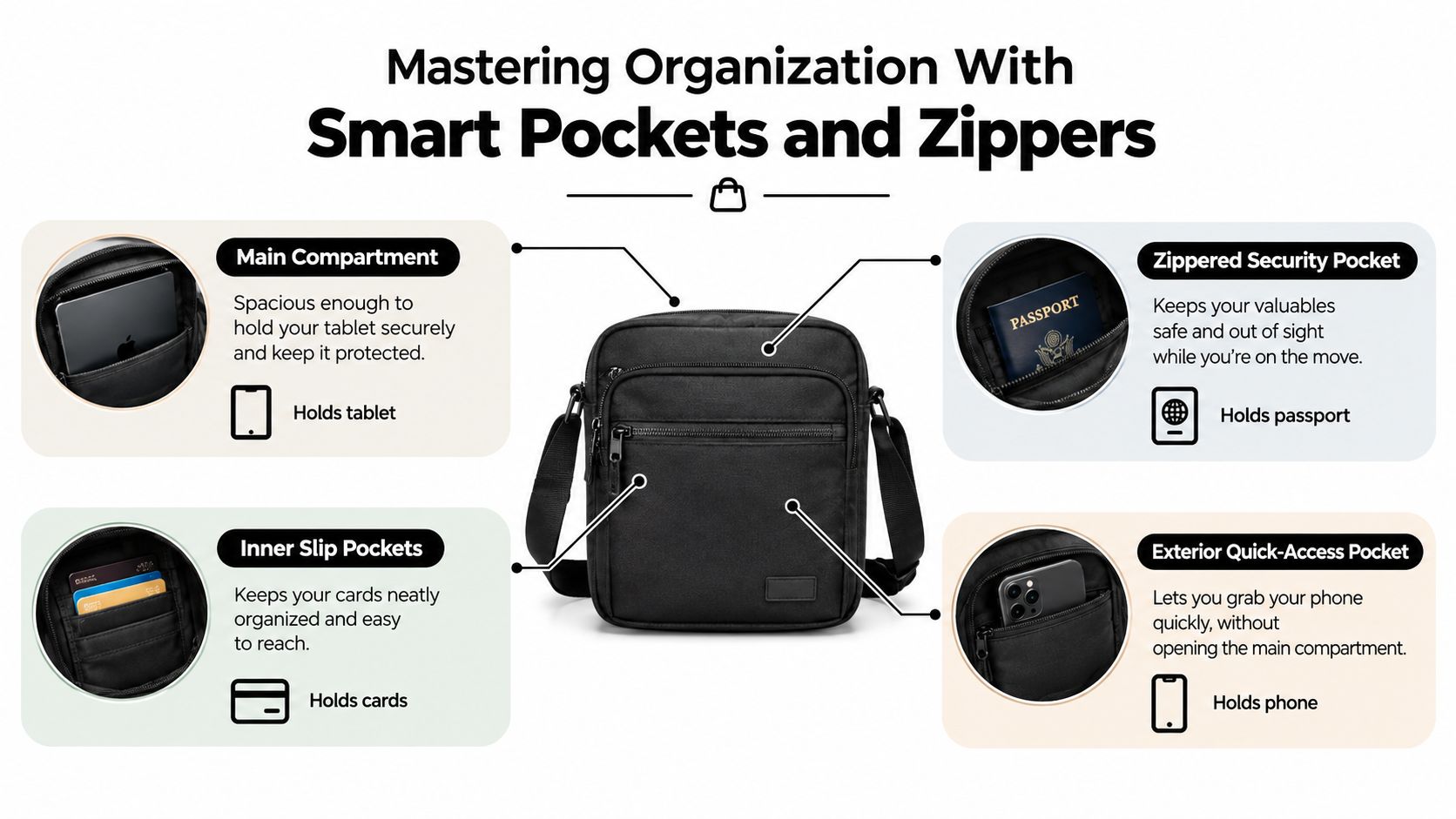 A black crossbody bag labeled with diagrams showing its various organizational pockets, zippers, and compartments for items.